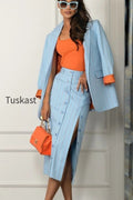 Striped Lapel Long Sleeve Blazer Split Bodycon Two Piece Set