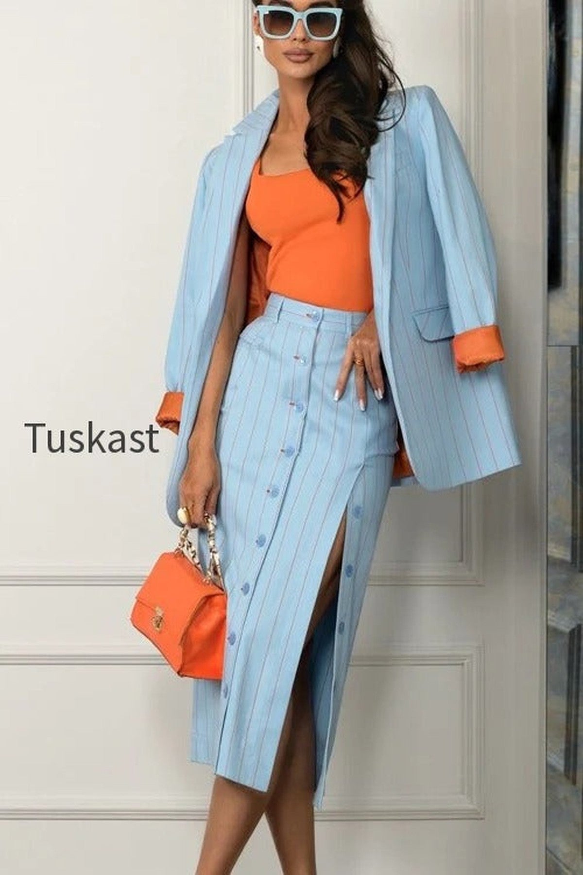 Striped Lapel Long Sleeve Blazer Split Bodycon Two Piece Set