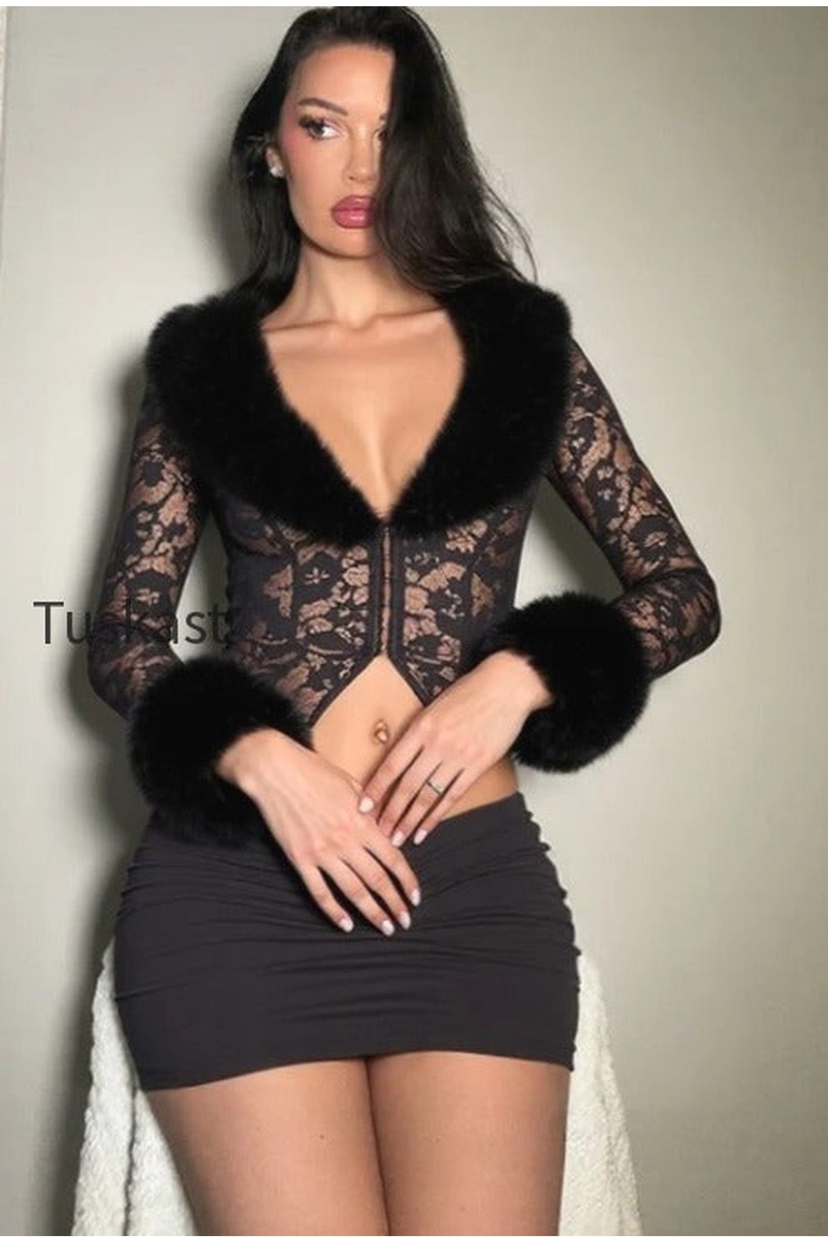 Sexy Fleece Patchwork Lace Long Sleeve Two Piece Set