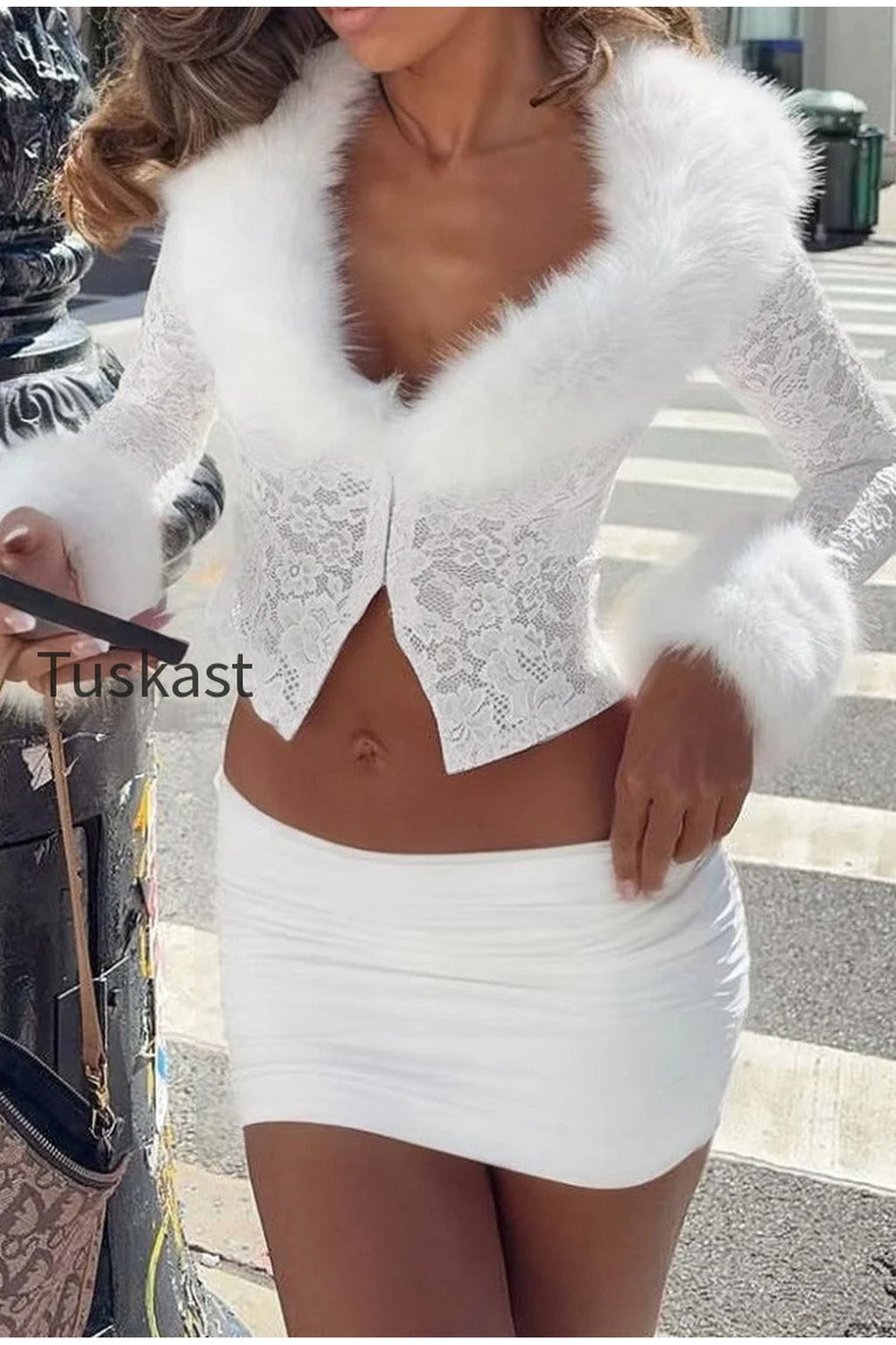 Sexy Fleece Patchwork Lace Long Sleeve Two Piece Set