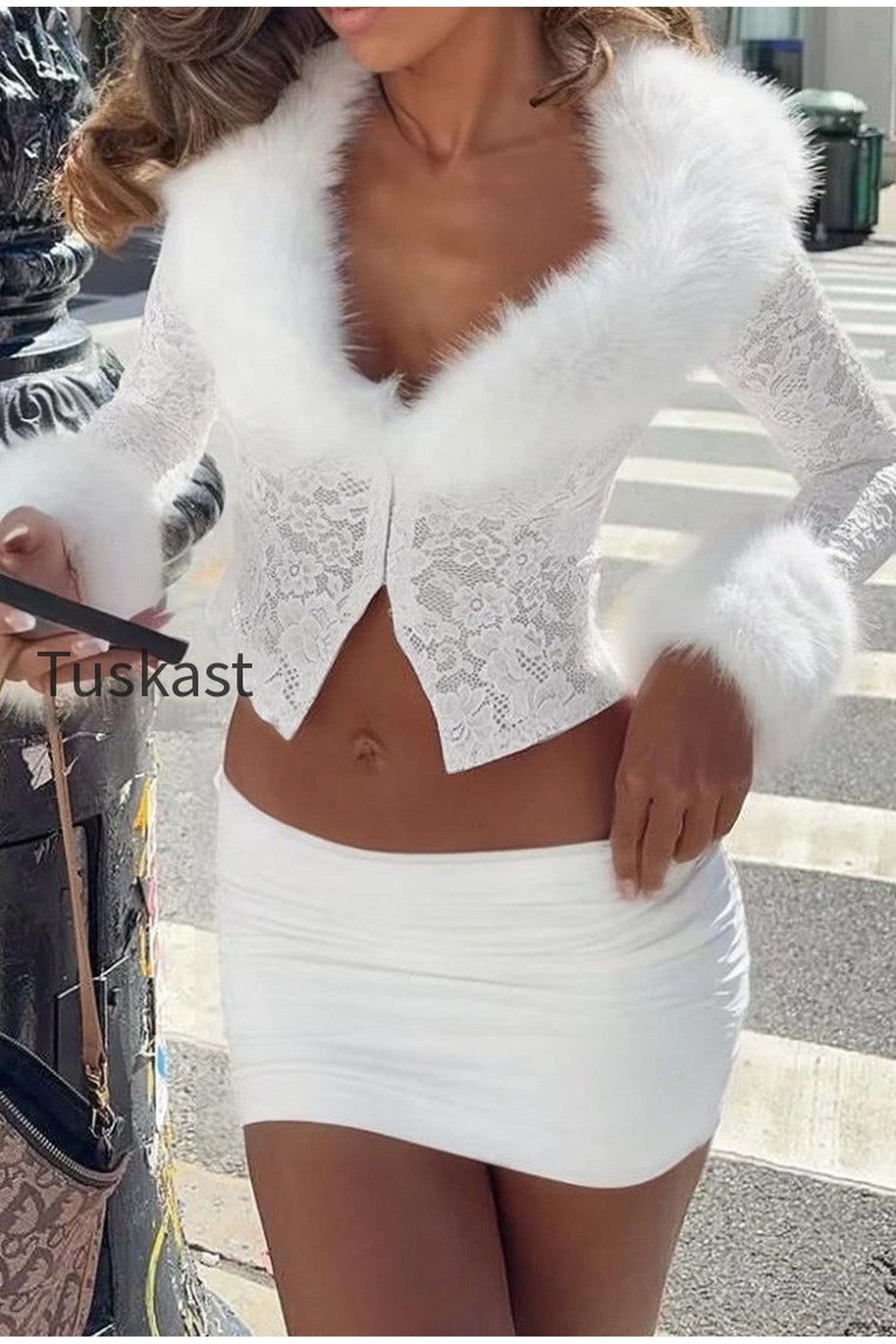 Sexy Fleece Patchwork Lace Long Sleeve Two Piece Set