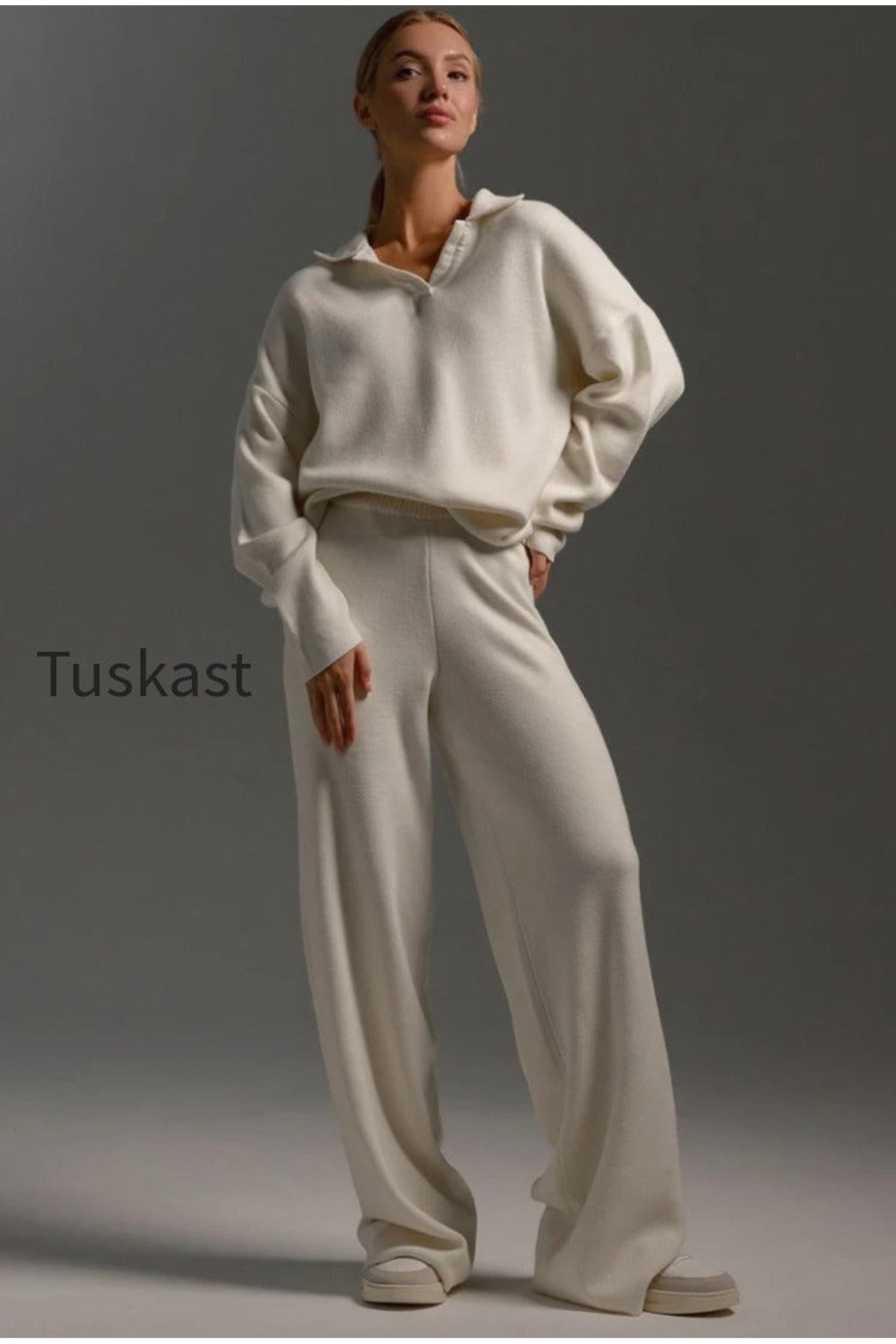 Polo Collar Knit Pullover Wide-Leg Pants Two Piece Set