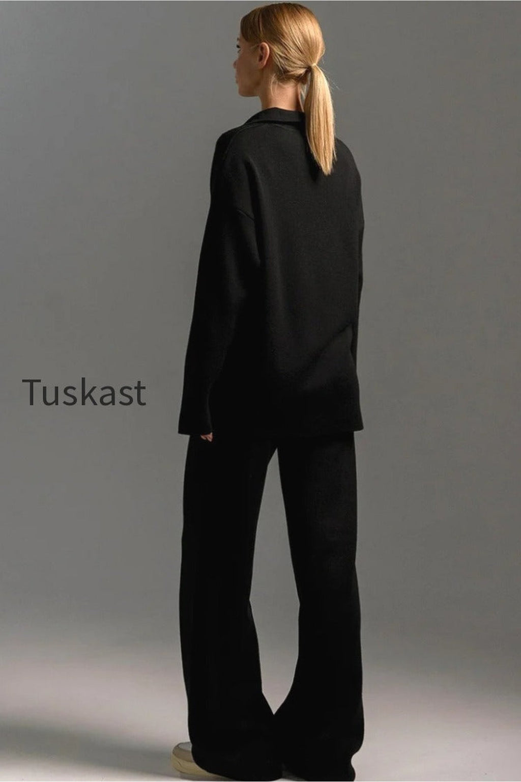 Polo Collar Knit Pullover Wide-Leg Pants Two Piece Set