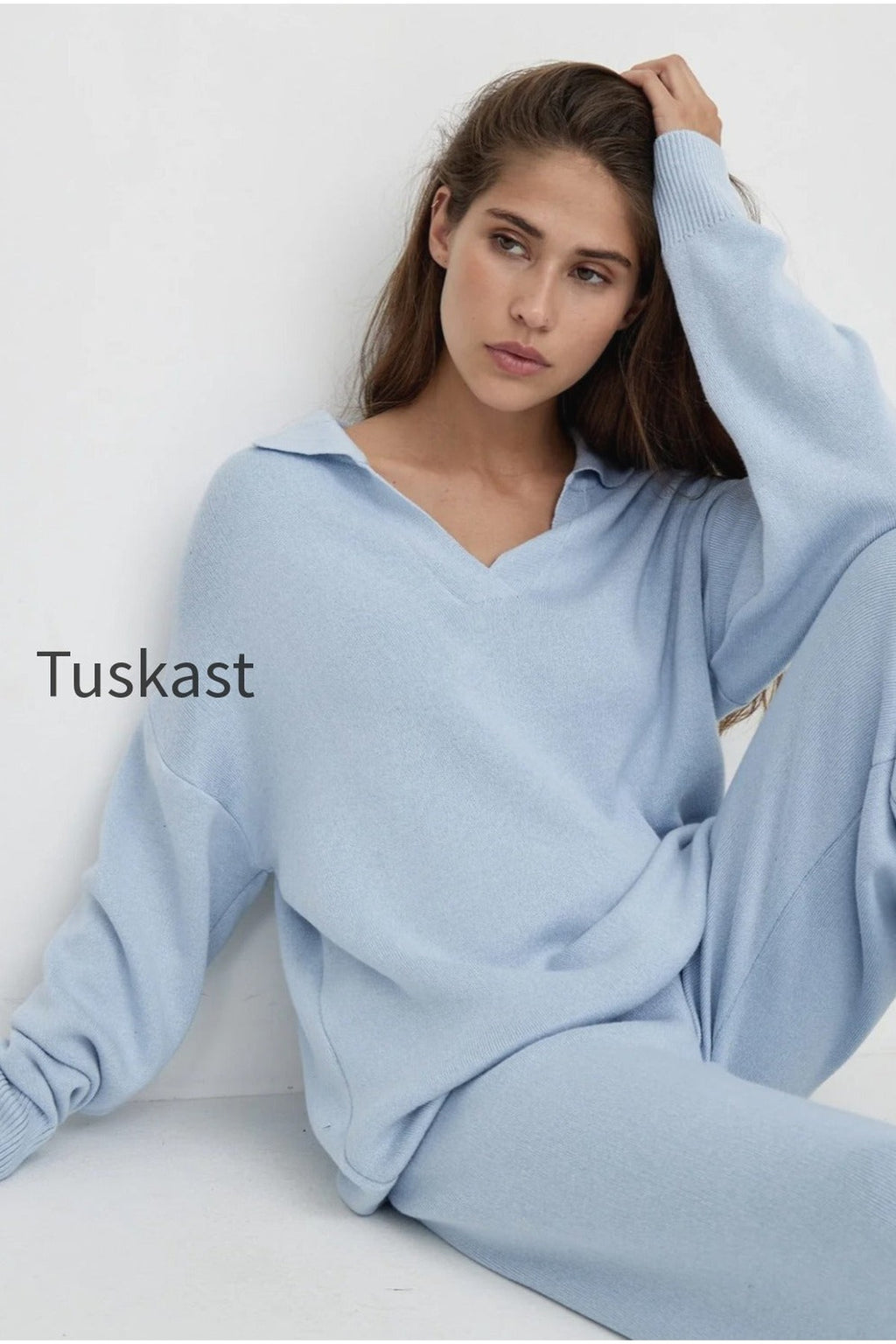 Polo Collar Knit Pullover Wide-Leg Pants Two Piece Set