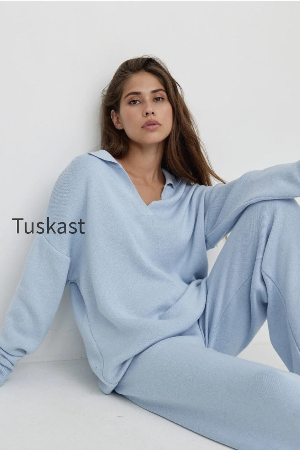 Polo Collar Knit Pullover Wide-Leg Pants Two Piece Set