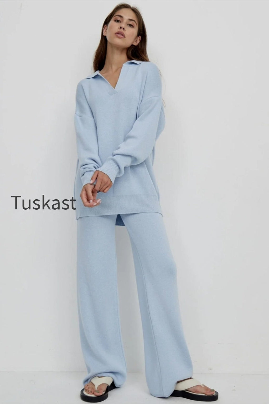 Polo Collar Knit Pullover Wide-Leg Pants Two Piece Set