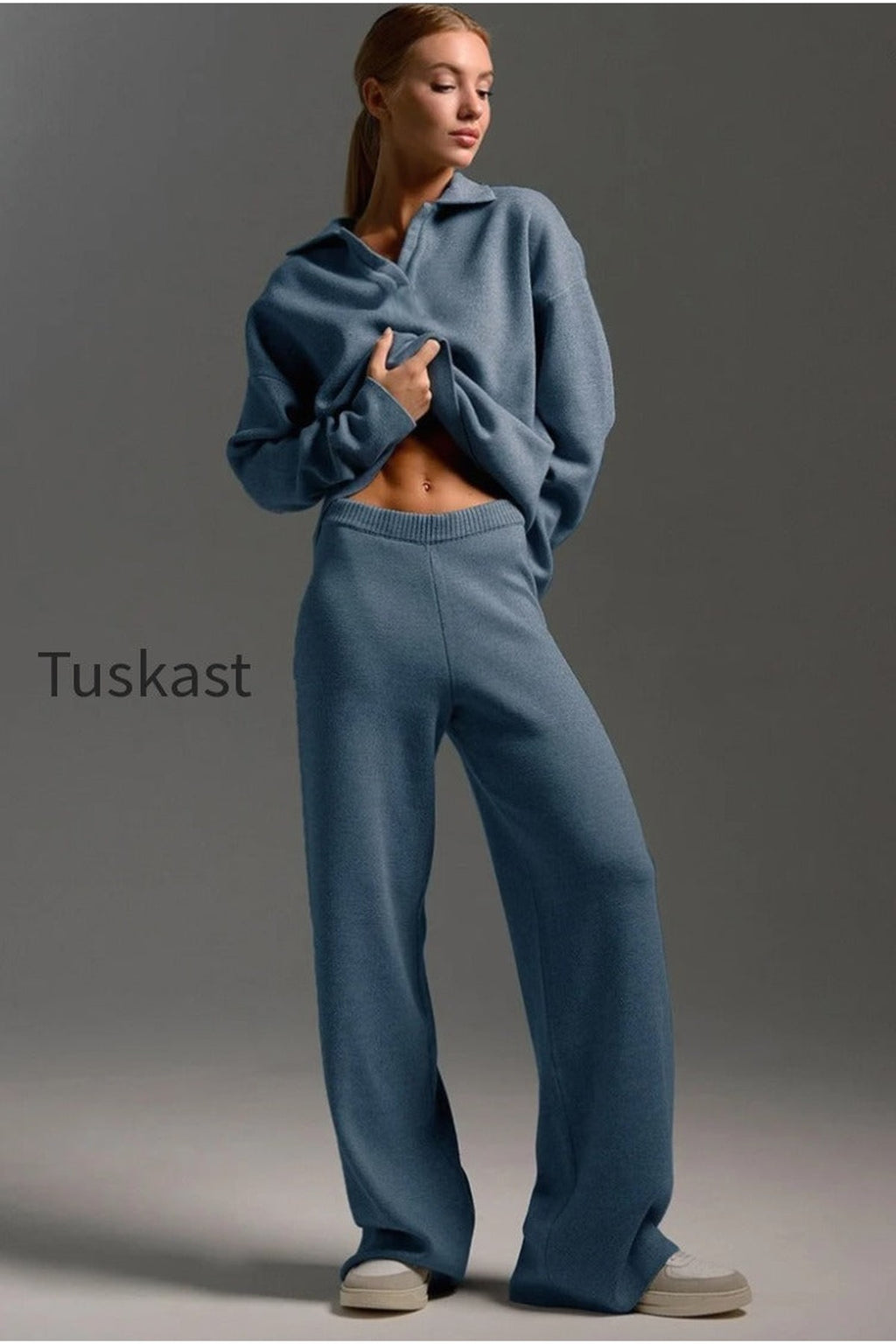 Polo Collar Knit Pullover Wide-Leg Pants Two Piece Set