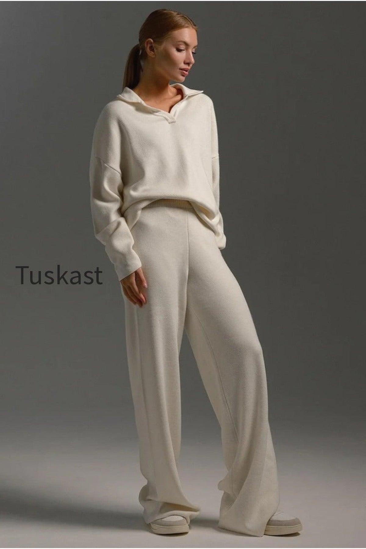 Polo Collar Knit Pullover Wide-Leg Pants Two Piece Set