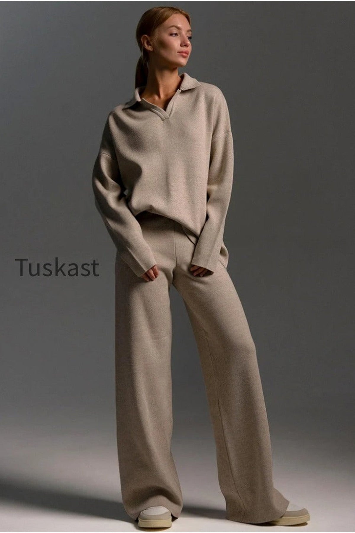 Polo Collar Knit Pullover Wide-Leg Pants Two Piece Set