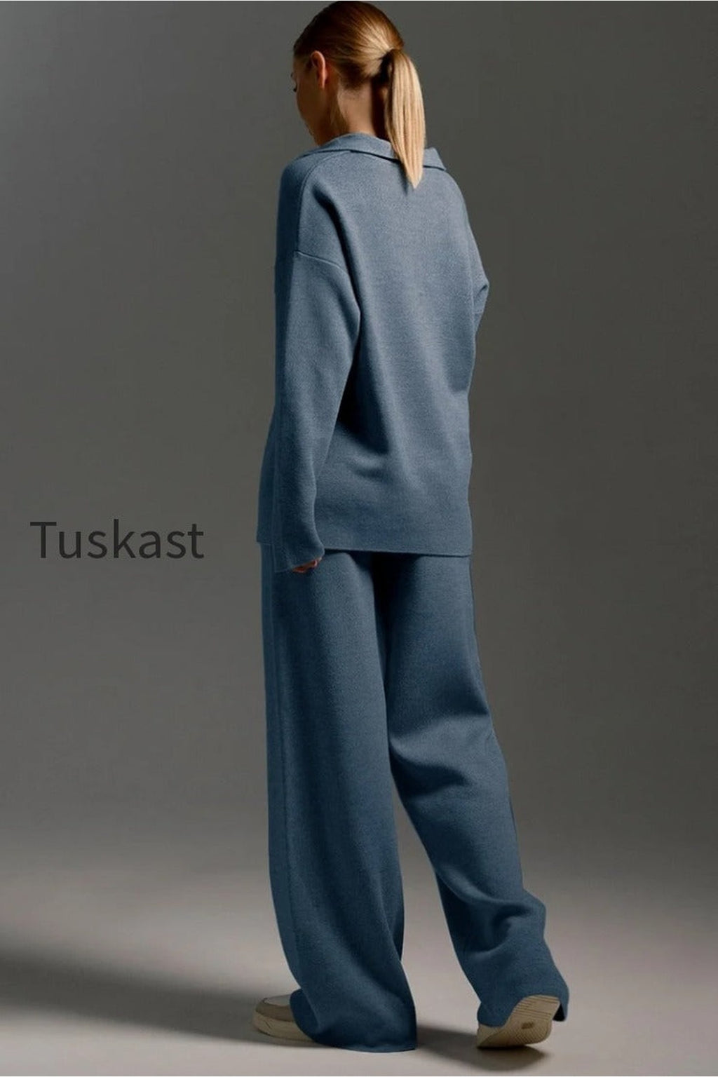 Polo Collar Knit Pullover Wide-Leg Pants Two Piece Set