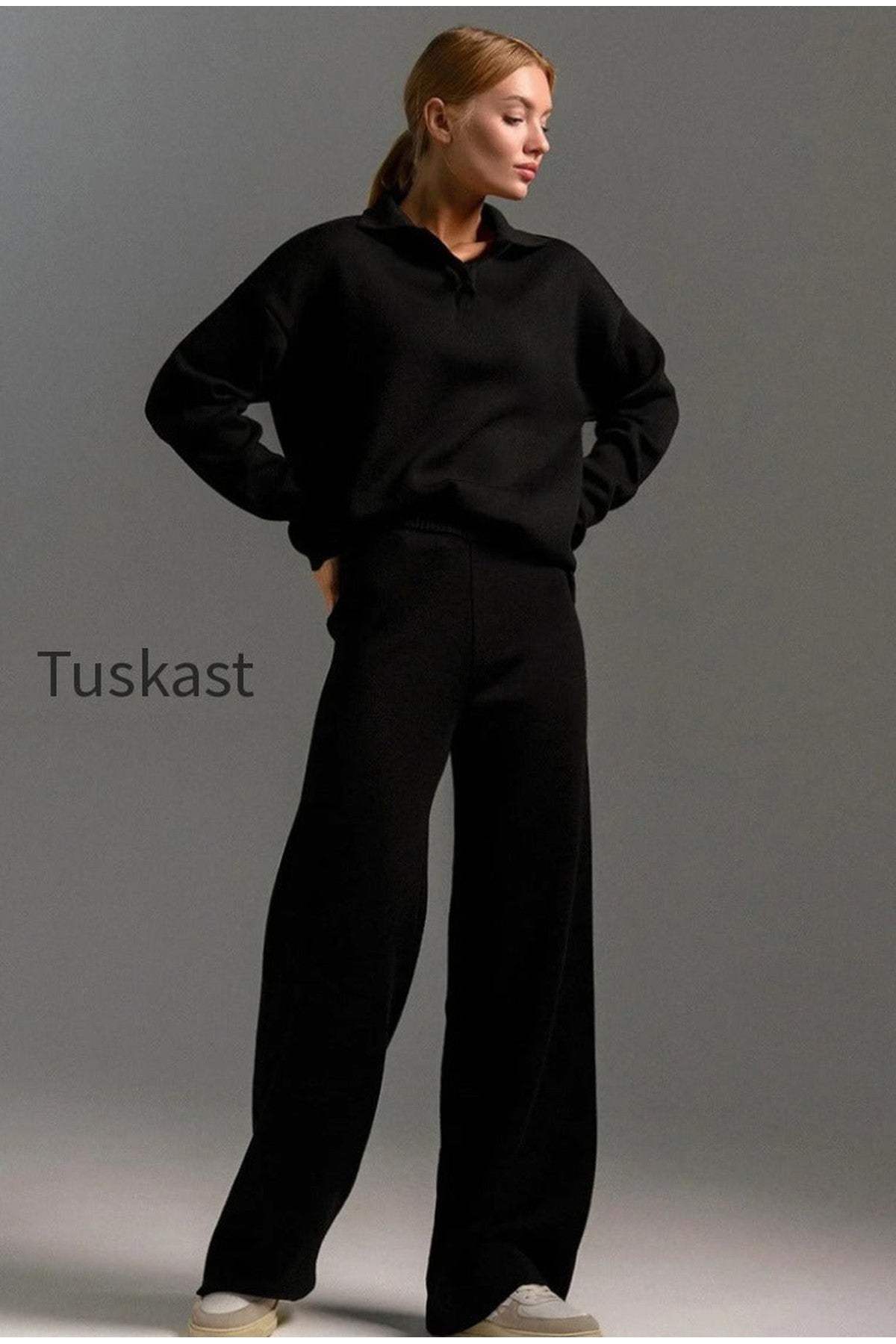 Polo Collar Knit Pullover Wide-Leg Pants Two Piece Set