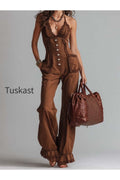 Vintage Brown Lace-Trim Halter Neck Flared Jumpsuit