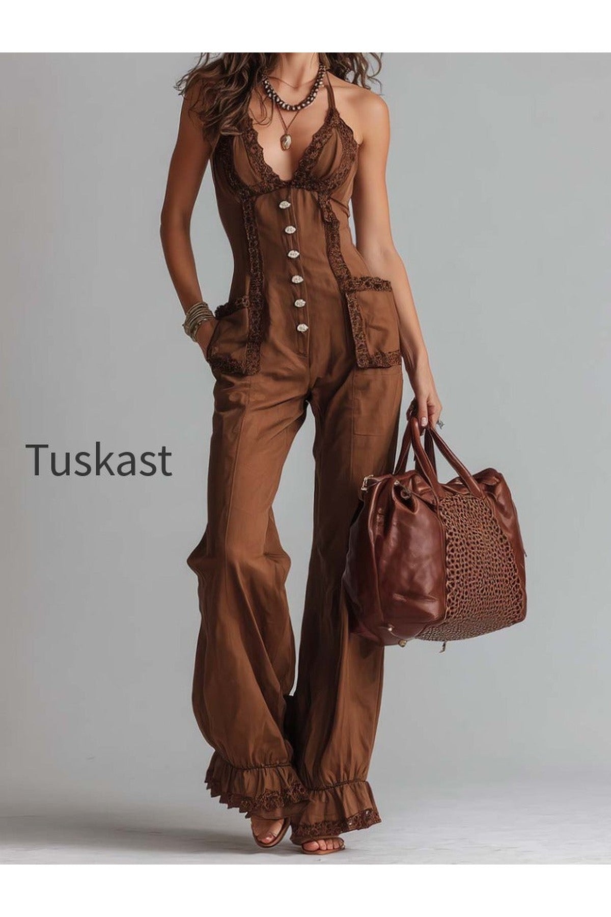 Vintage Brown Lace-Trim Halter Neck Flared Jumpsuit