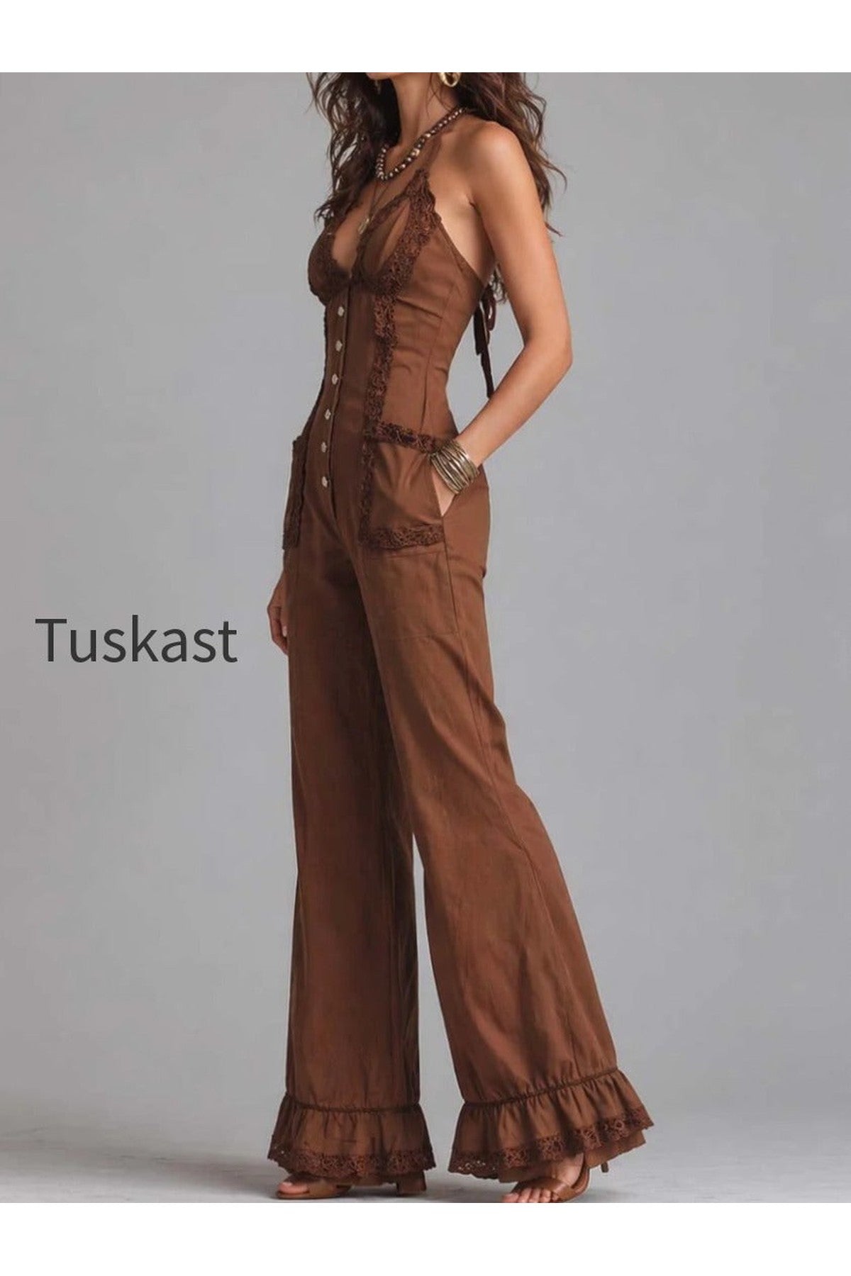 Vintage Brown Lace-Trim Halter Neck Flared Jumpsuit