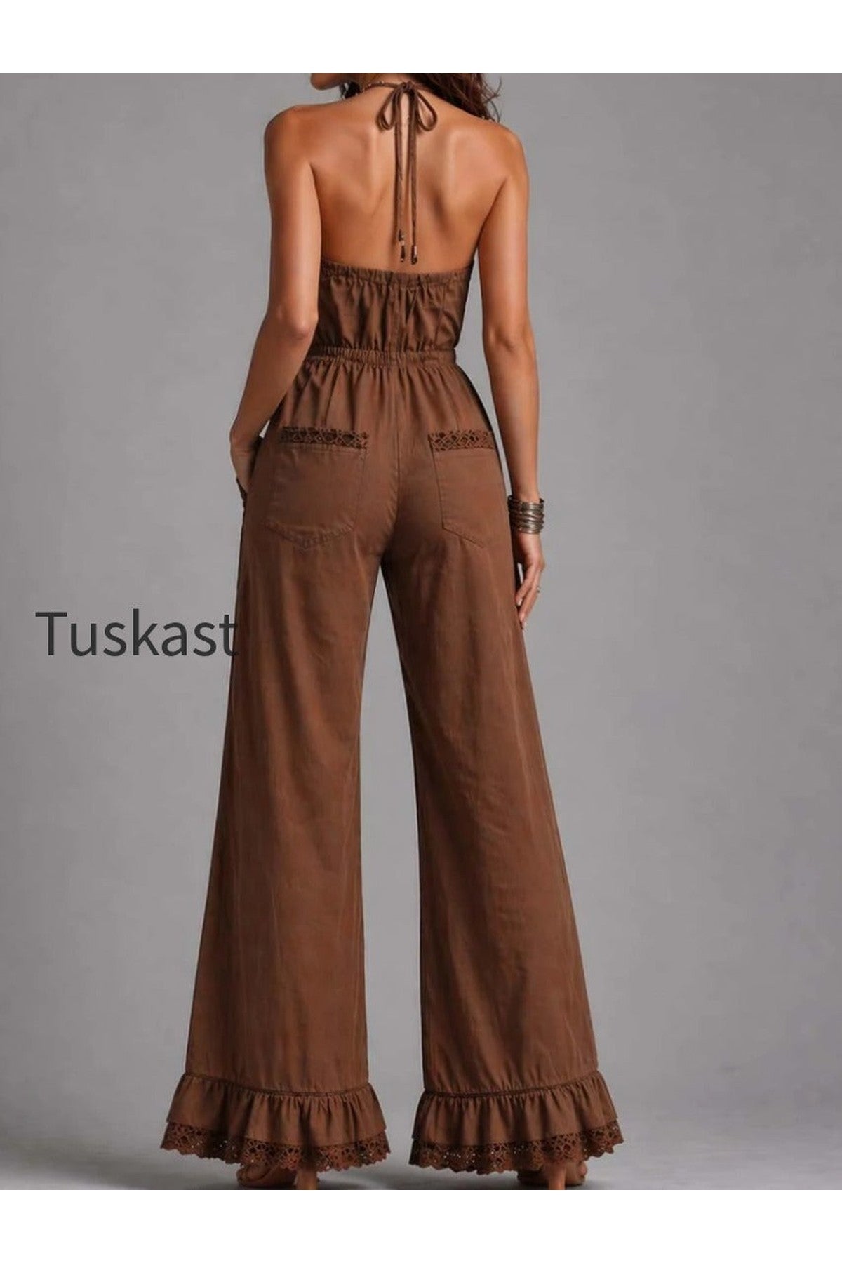 Vintage Brown Lace-Trim Halter Neck Flared Jumpsuit