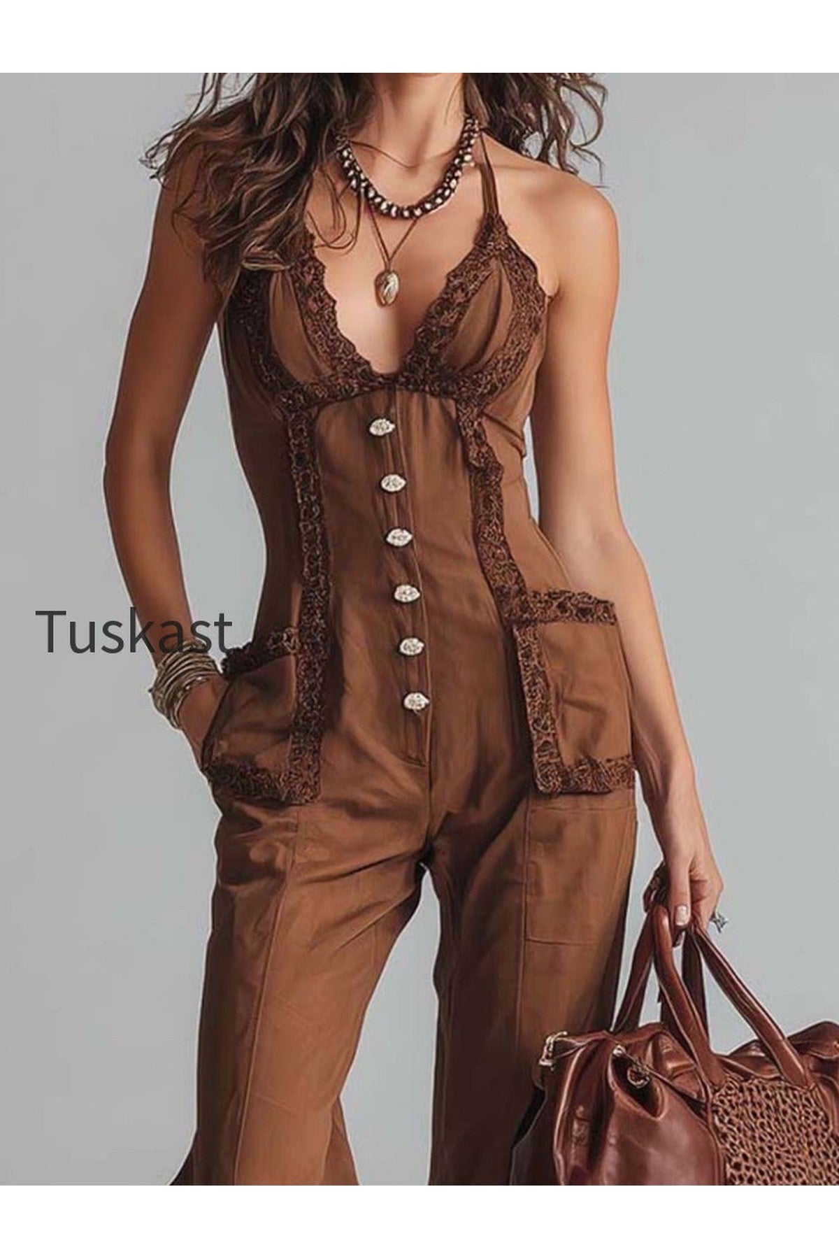 Vintage Brown Lace-Trim Halter Neck Flared Jumpsuit