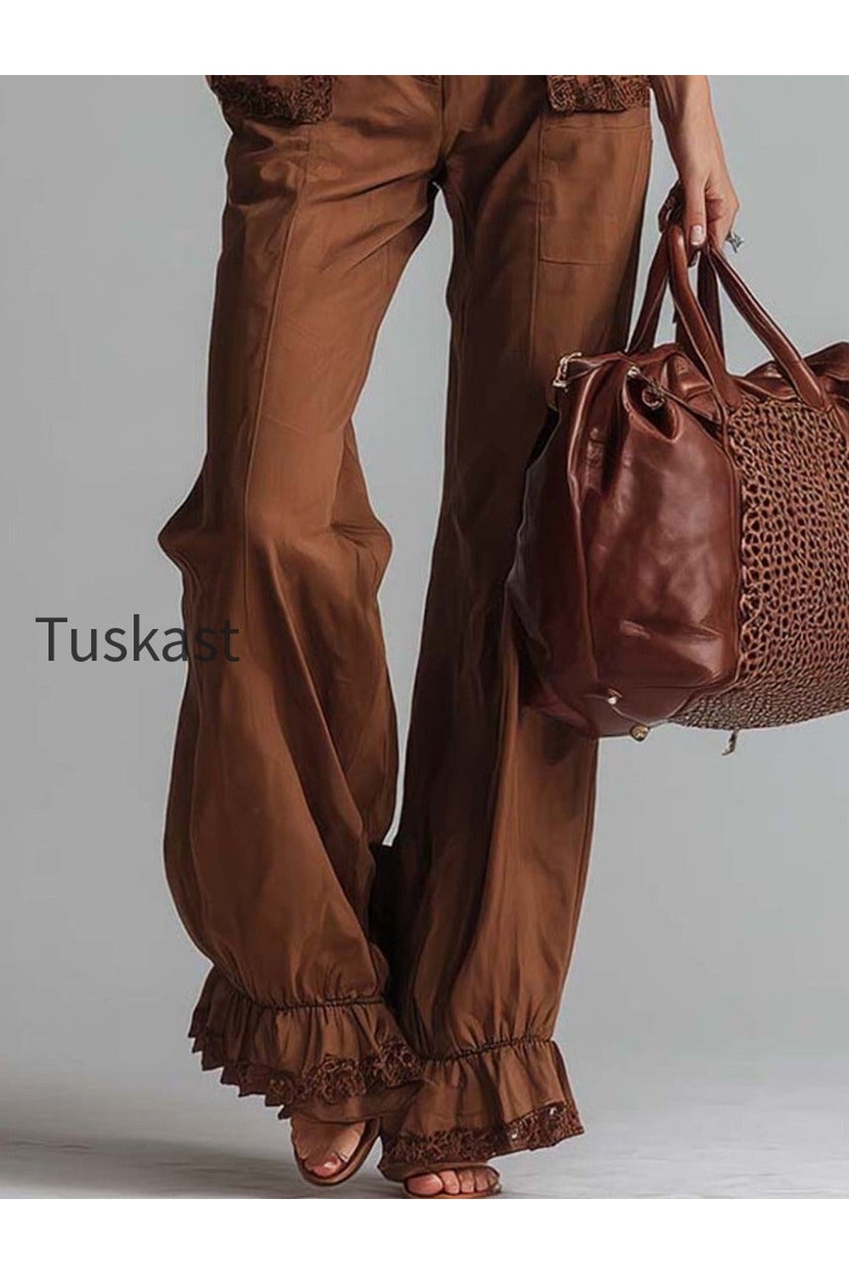 Vintage Brown Lace-Trim Halter Neck Flared Jumpsuit