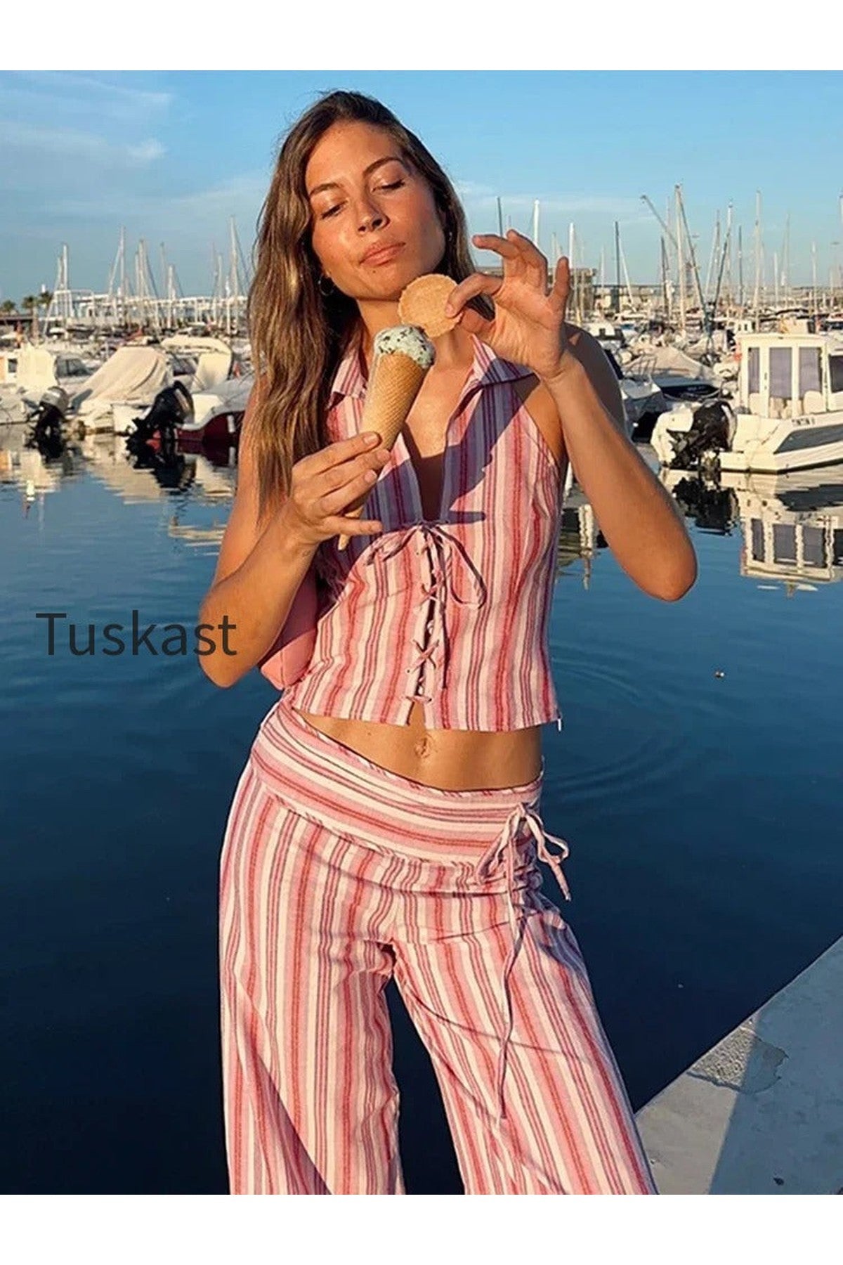 Striped Lace Up Backless Two Piece Pants Set