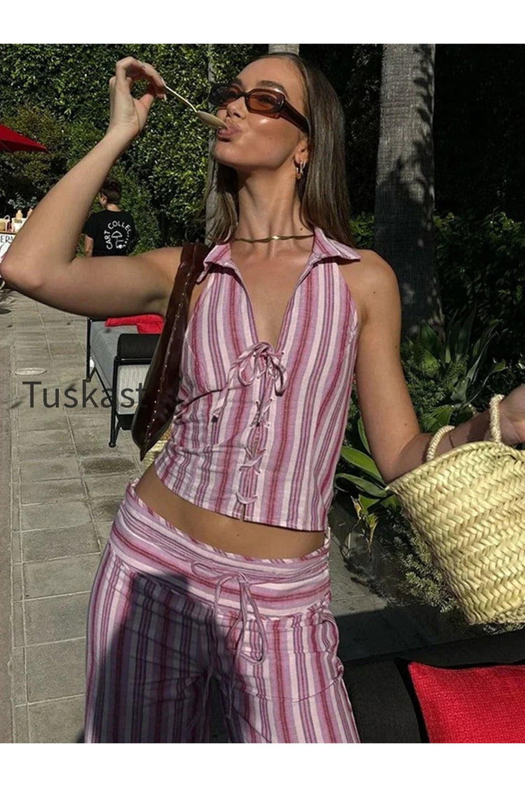 Striped Lace Up Backless Two Piece Pants Set
