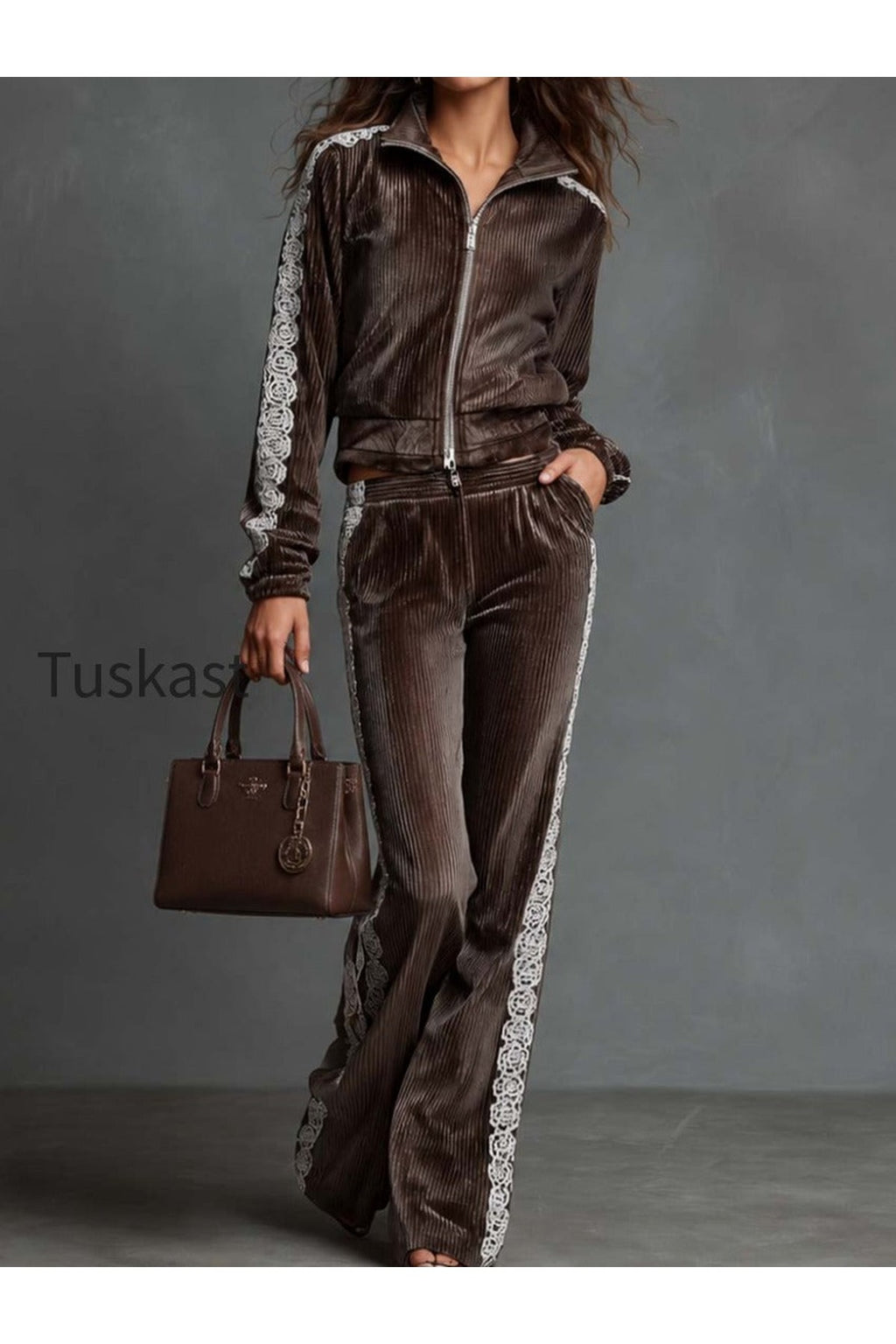 Vintage Vertical Striped Velvet Tracksuit Set Stand Collar Zip Crop Jacket Lace Side Wide Flare Pants Casual Two Piece Outfit