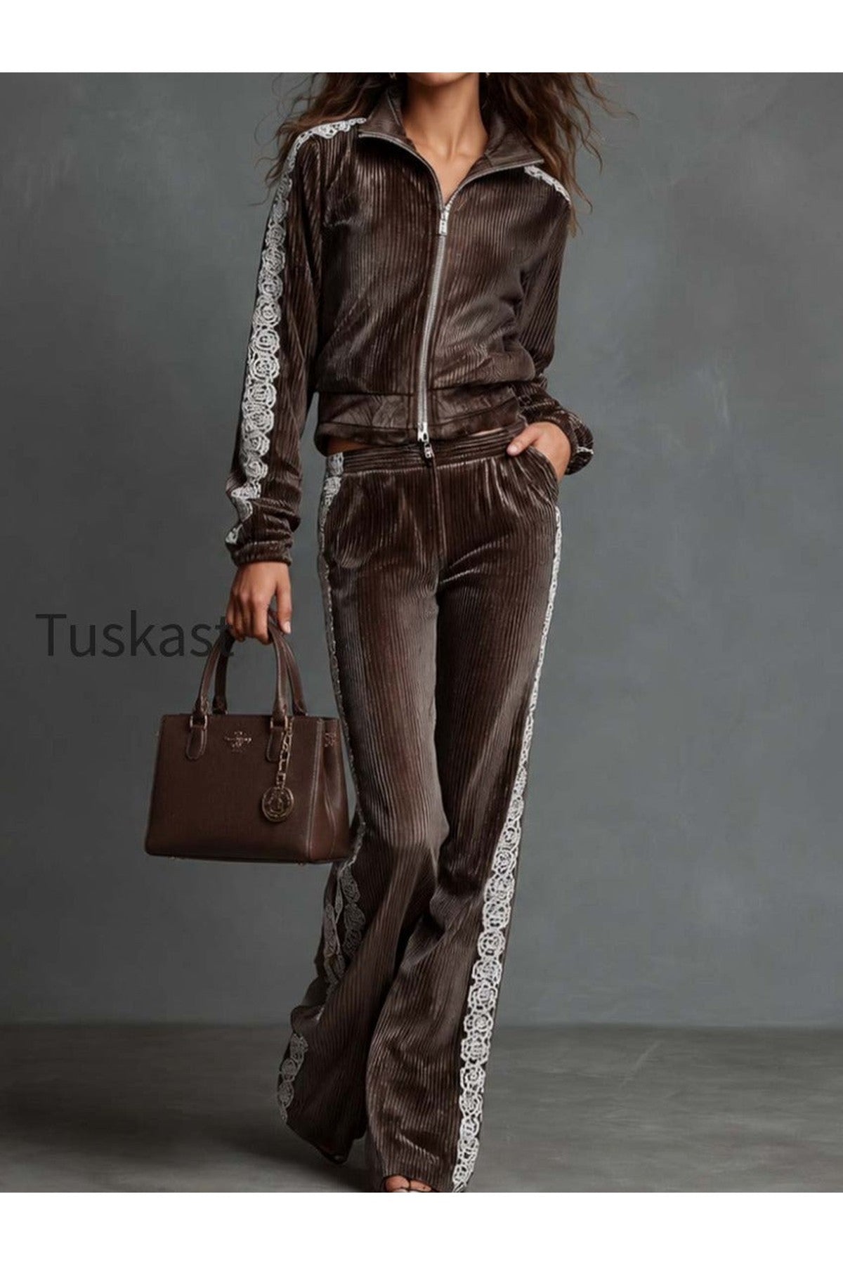 Vintage Vertical Striped Velvet Tracksuit Set Stand Collar Zip Crop Jacket Lace Side Wide Flare Pants Casual Two Piece Outfit