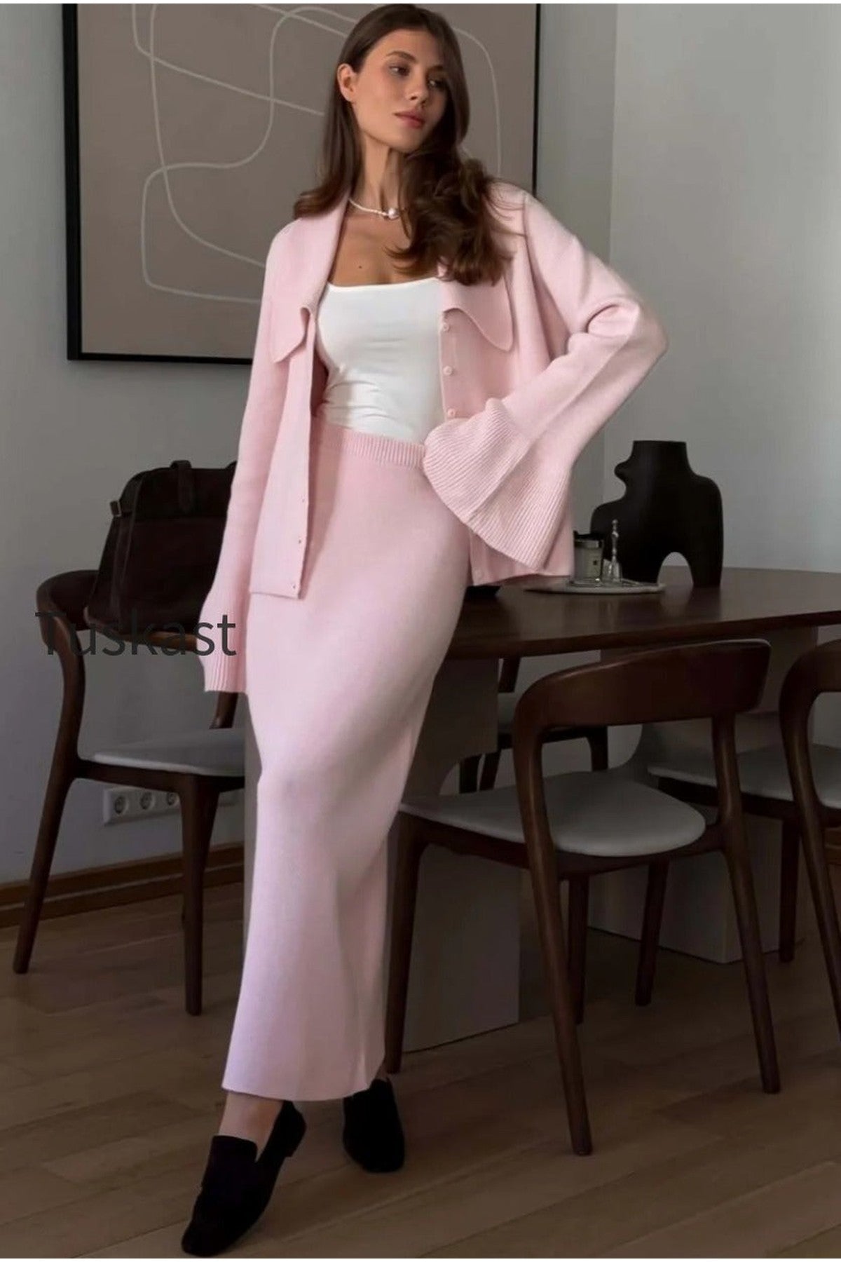 Bell-Sleeve Pink Polo Collar Cardigan Straight Skirt Two Piece Set
