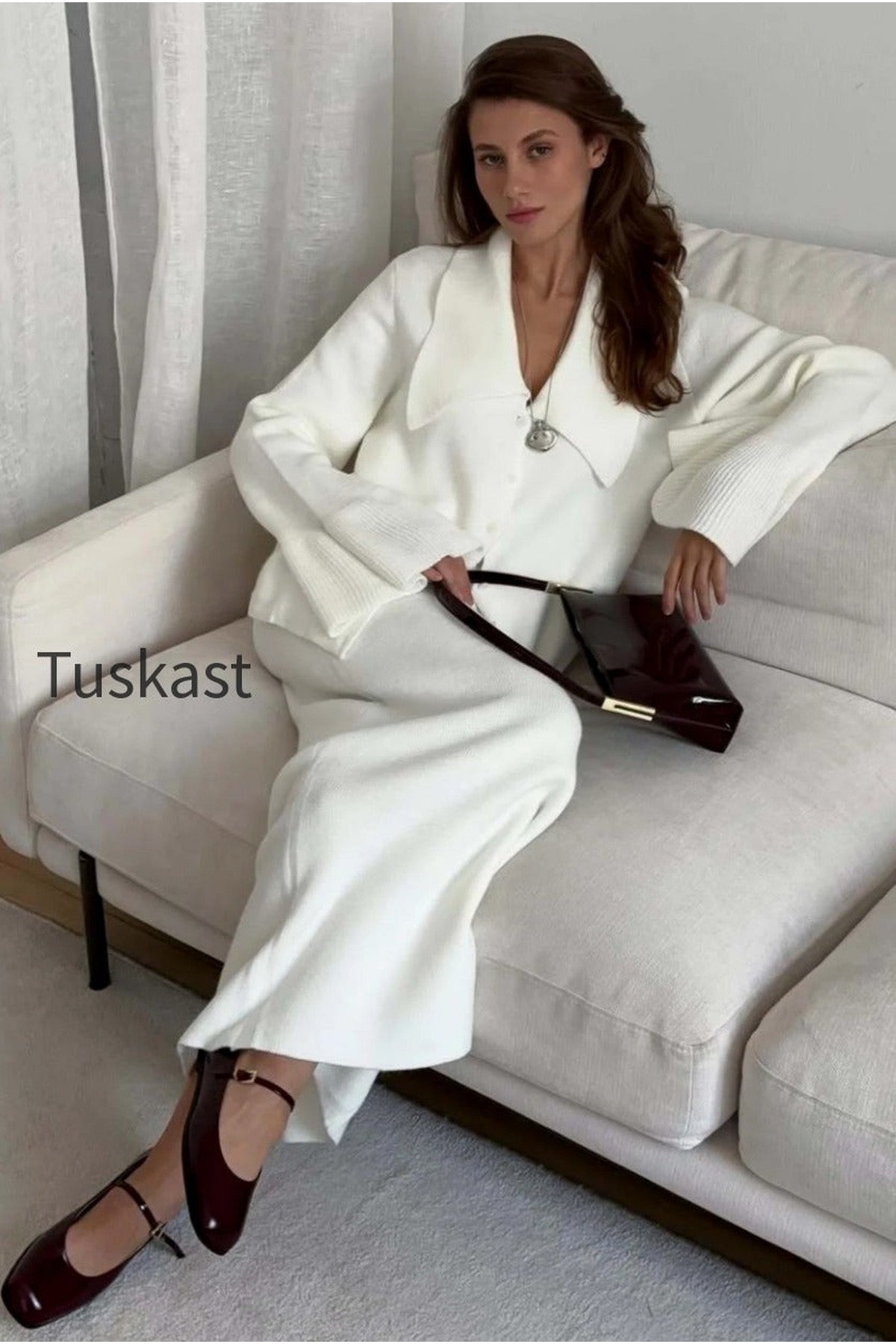 Bell-Sleeve Pink Polo Collar Cardigan Straight Skirt Two Piece Set
