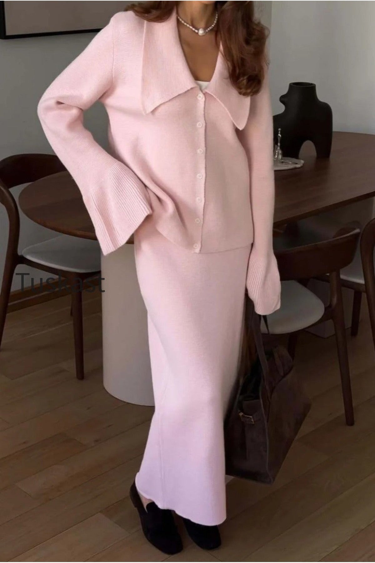Bell-Sleeve Pink Polo Collar Cardigan Straight Skirt Two Piece Set