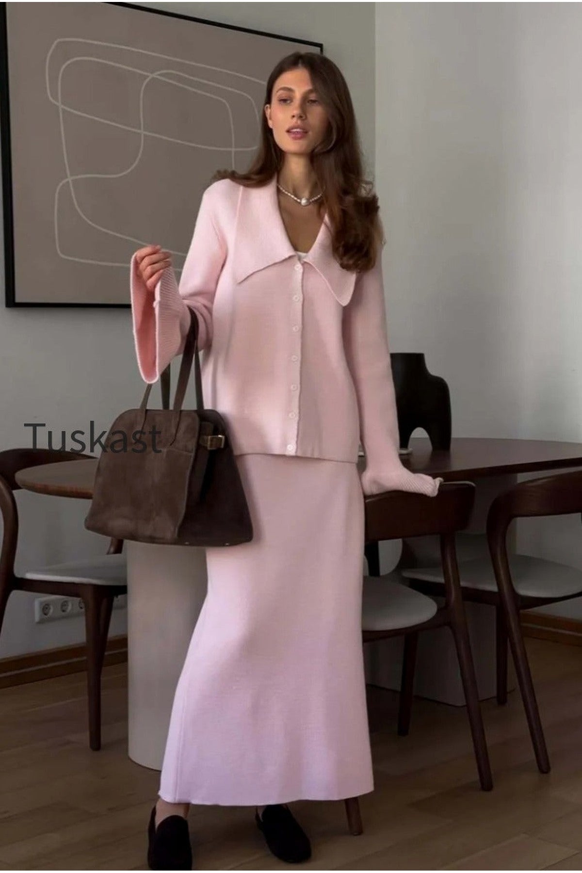 Bell-Sleeve Pink Polo Collar Cardigan Straight Skirt Two Piece Set