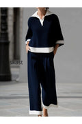 Sophisticated Nautical Ribbed Knit Two-Piece Lounge Set