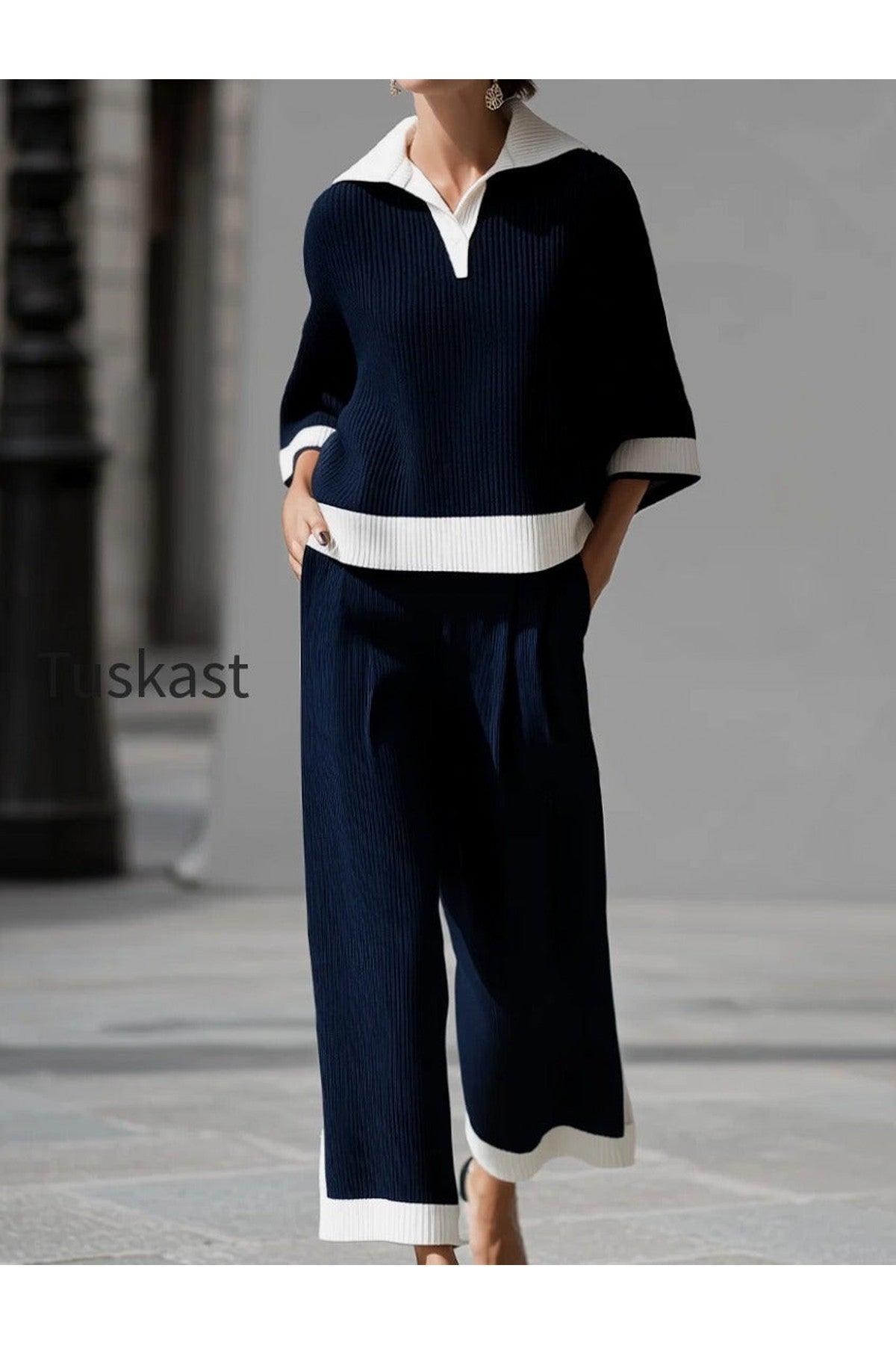 Sophisticated Nautical Ribbed Knit Two-Piece Lounge Set