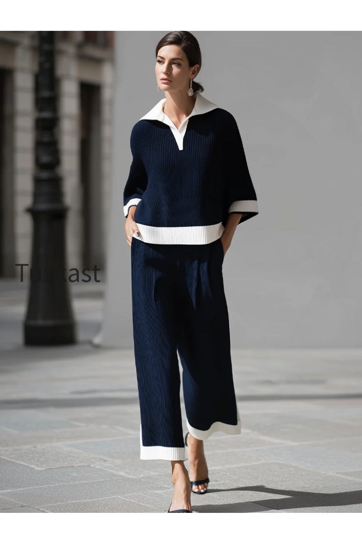 Sophisticated Nautical Ribbed Knit Two-Piece Lounge Set