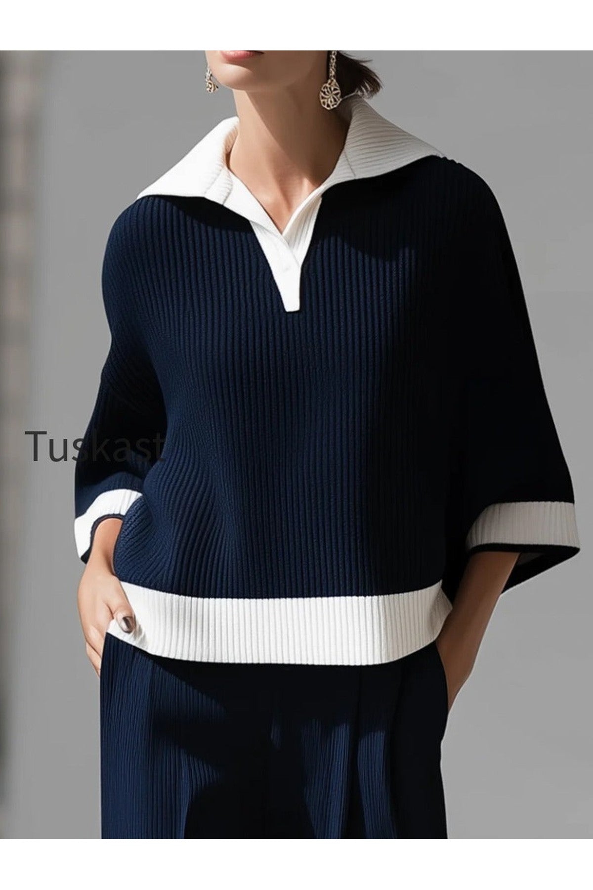 Sophisticated Nautical Ribbed Knit Two-Piece Lounge Set
