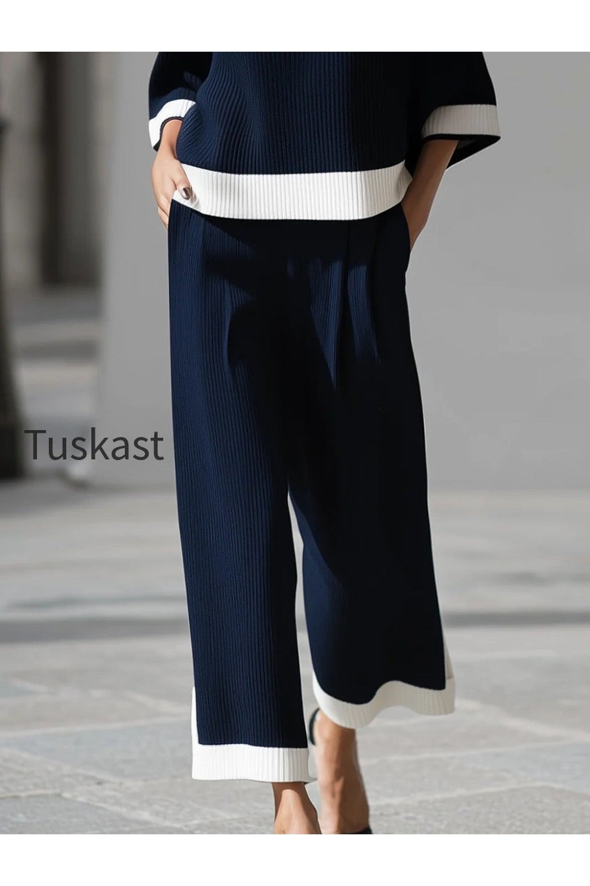 Sophisticated Nautical Ribbed Knit Two-Piece Lounge Set