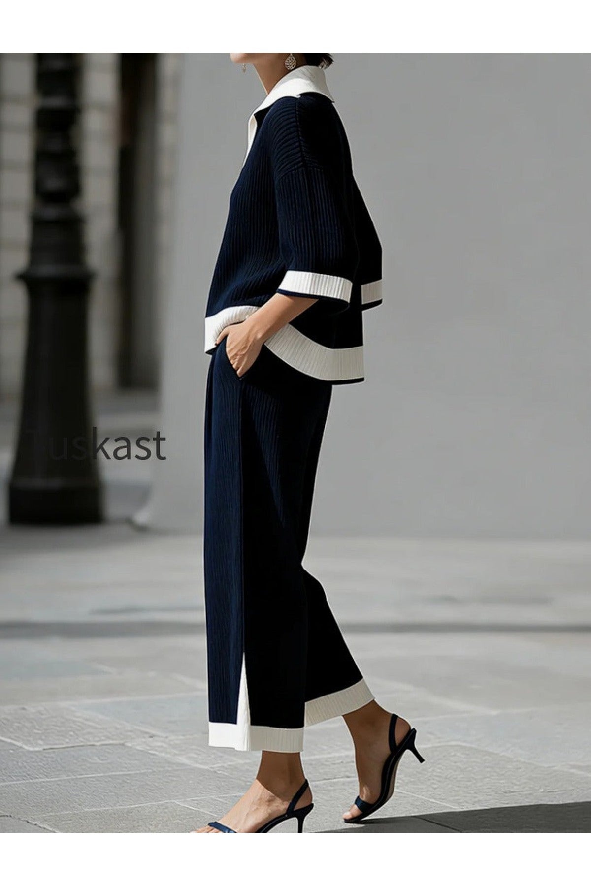 Sophisticated Nautical Ribbed Knit Two-Piece Lounge Set