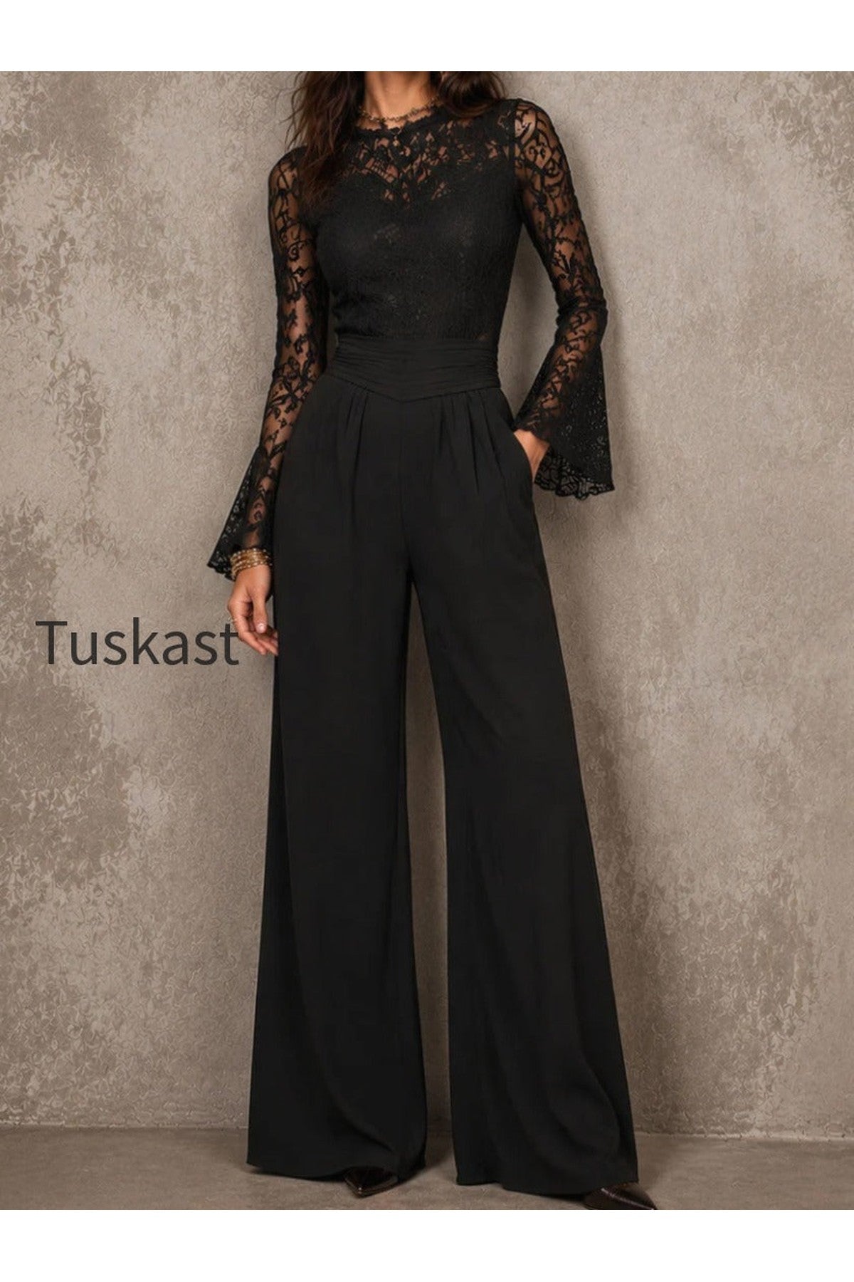 Elegant Lace Bell Sleeve Ruched High Waist Wide Leg Jumpsuit