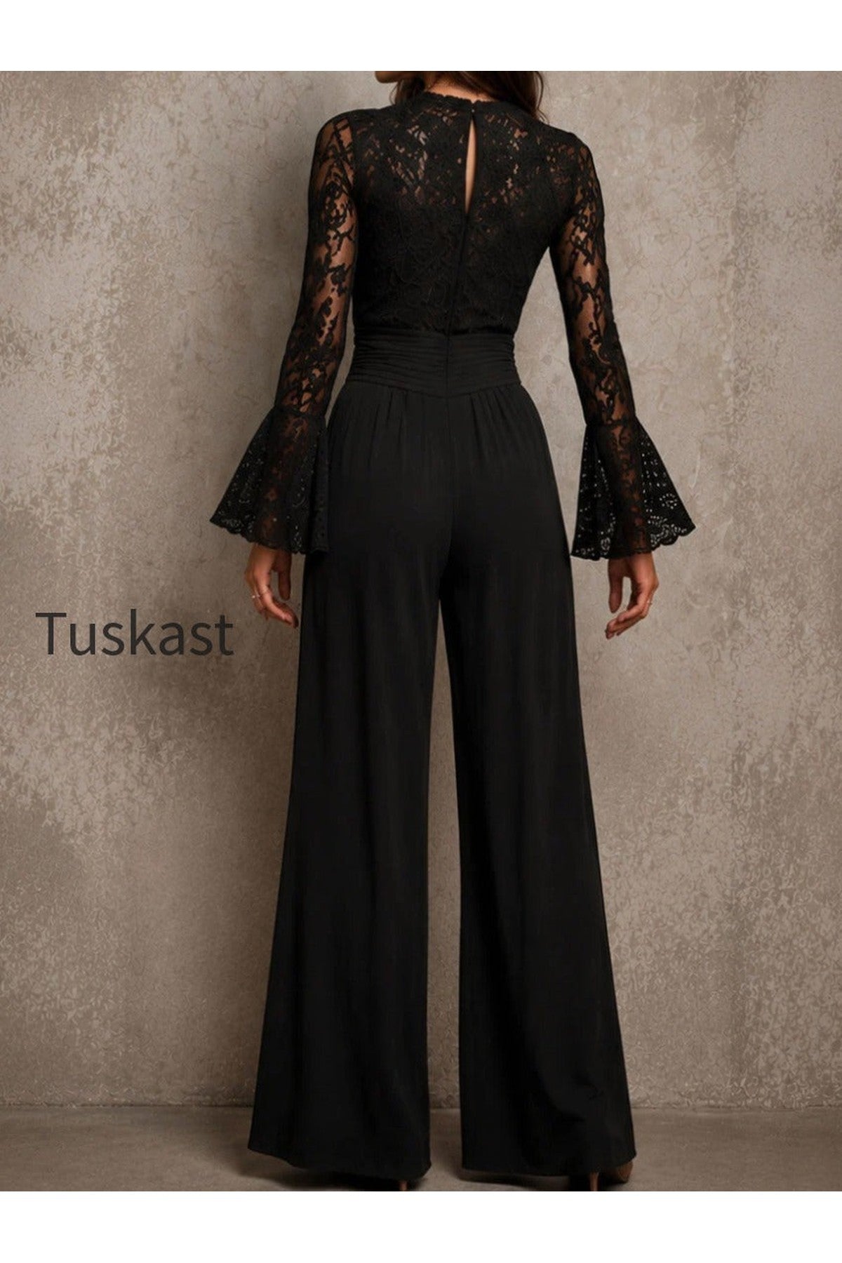 Elegant Lace Bell Sleeve Ruched High Waist Wide Leg Jumpsuit