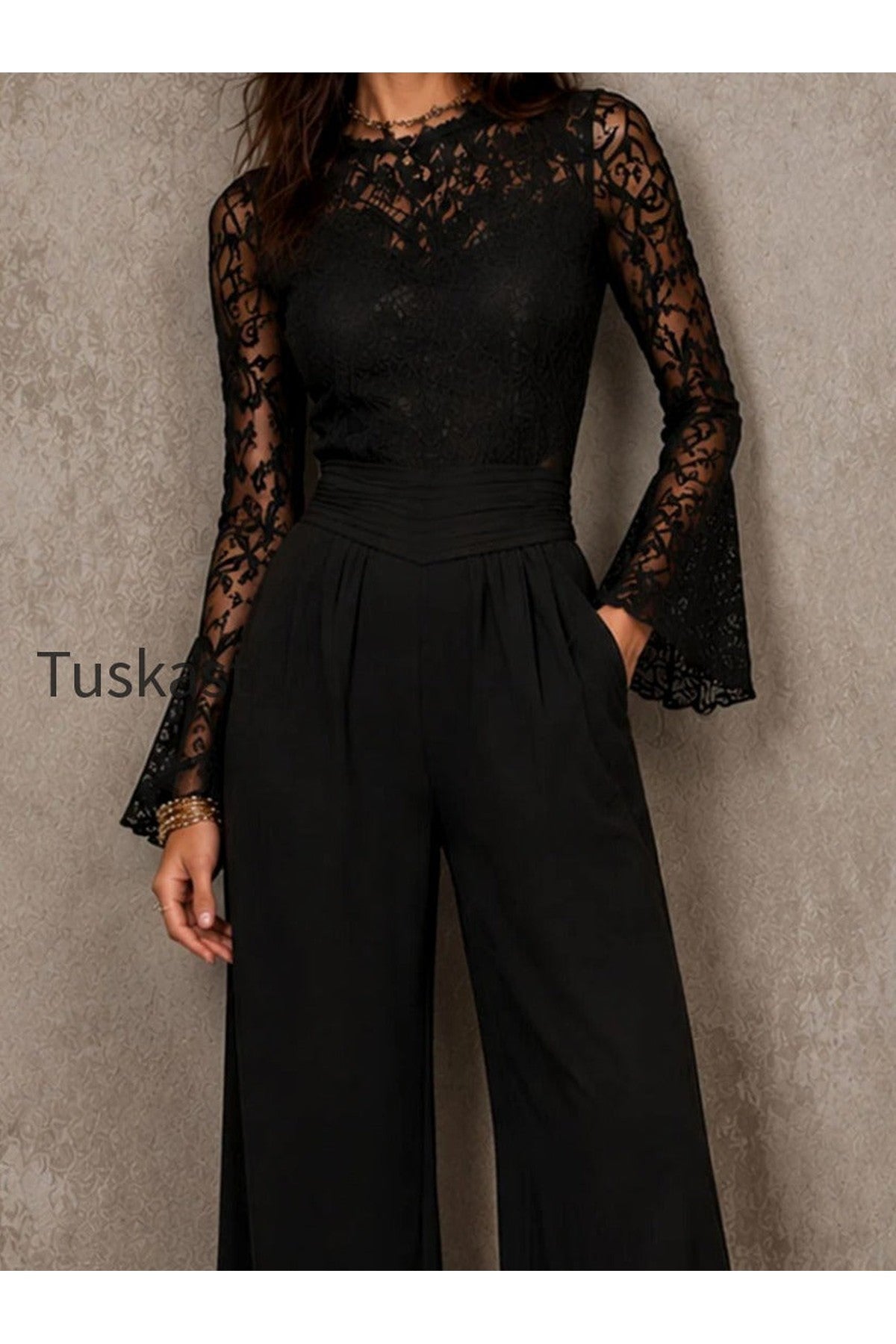 Elegant Lace Bell Sleeve Ruched High Waist Wide Leg Jumpsuit