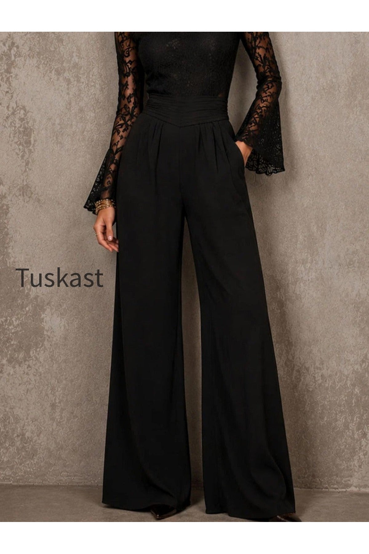 Elegant Lace Bell Sleeve Ruched High Waist Wide Leg Jumpsuit