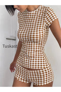Plaid Print Crew Neck Short Sleeve T-Shirt Two Piece Shorts Set