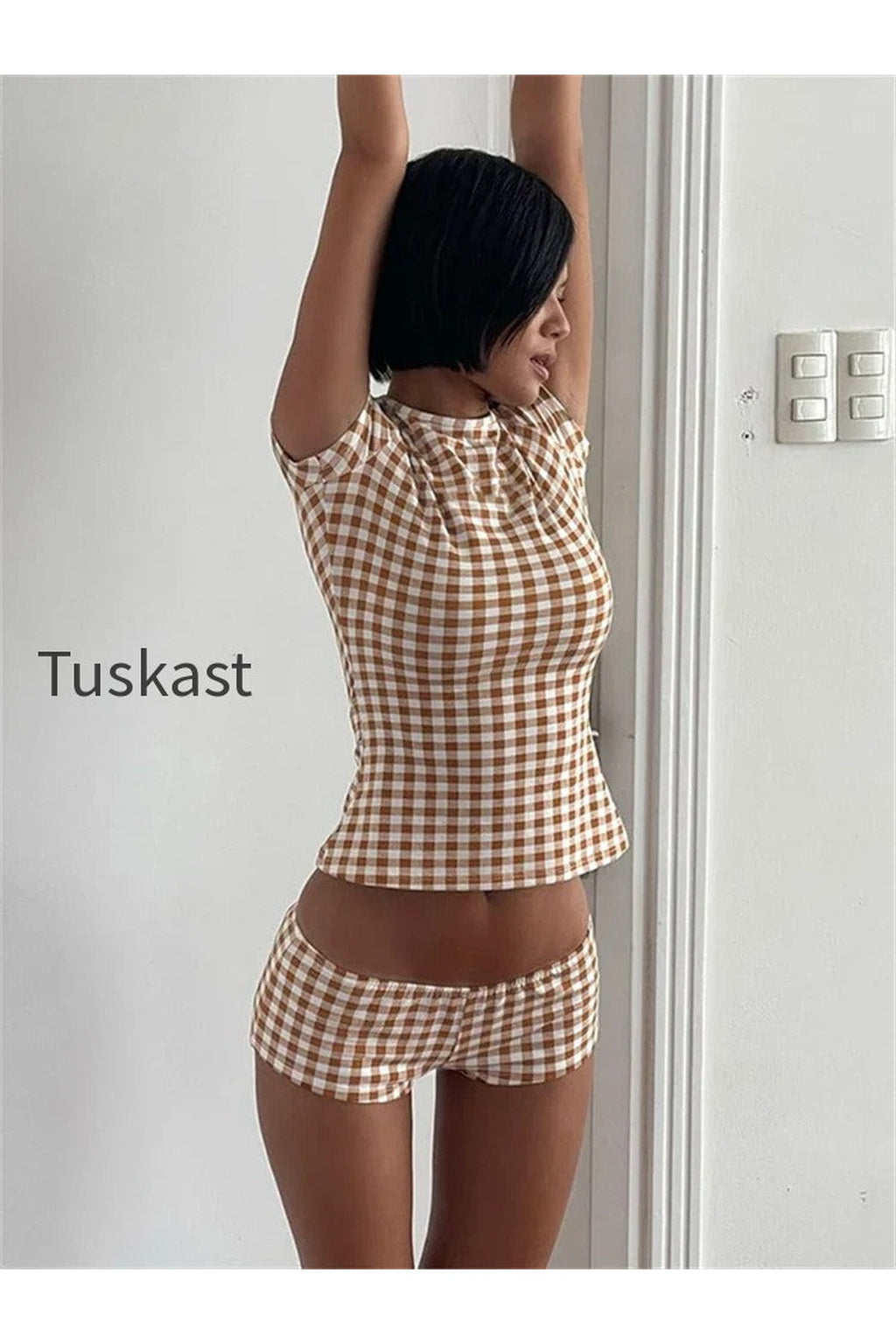 Plaid Print Crew Neck Short Sleeve T-Shirt Two Piece Shorts Set