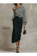 Boho Off-Shoulder Knit Striped Top & Textured Midi Skirt Set