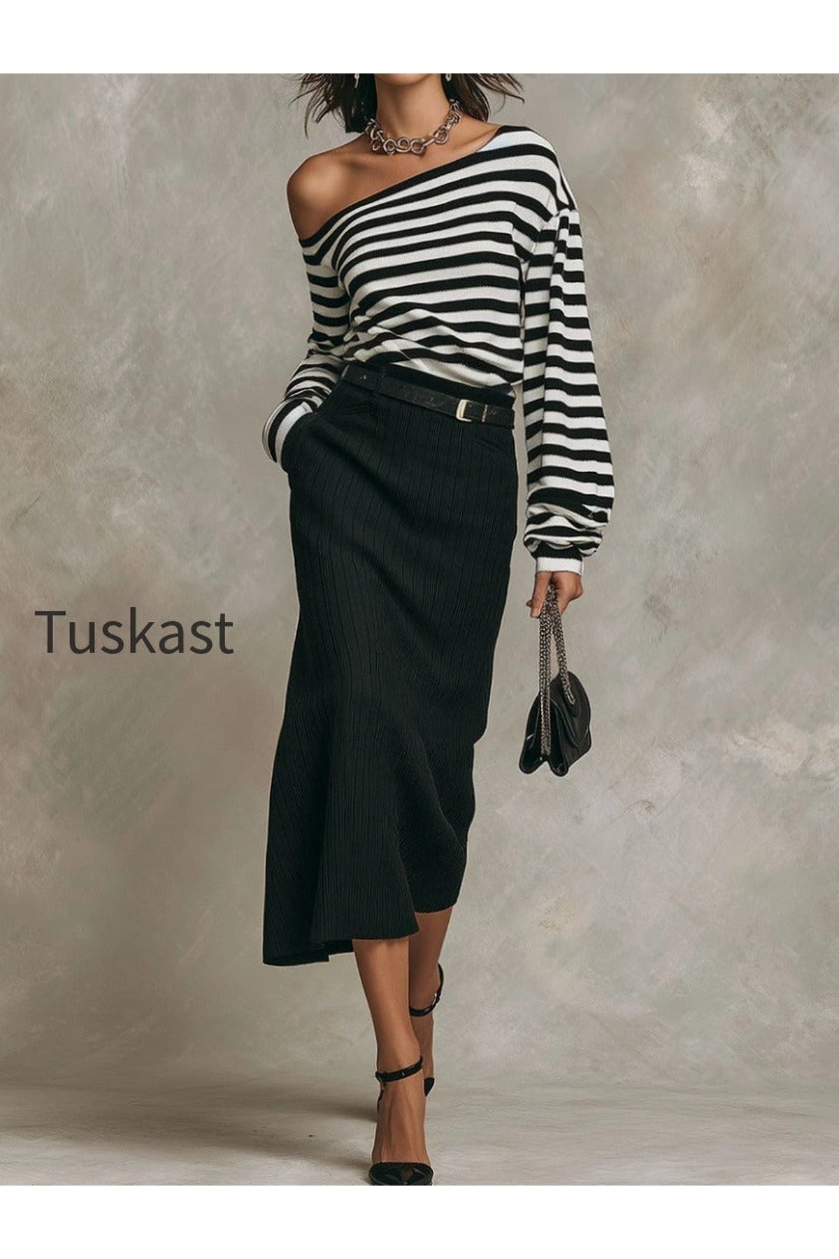 Boho Off-Shoulder Knit Striped Top & Textured Midi Skirt Set