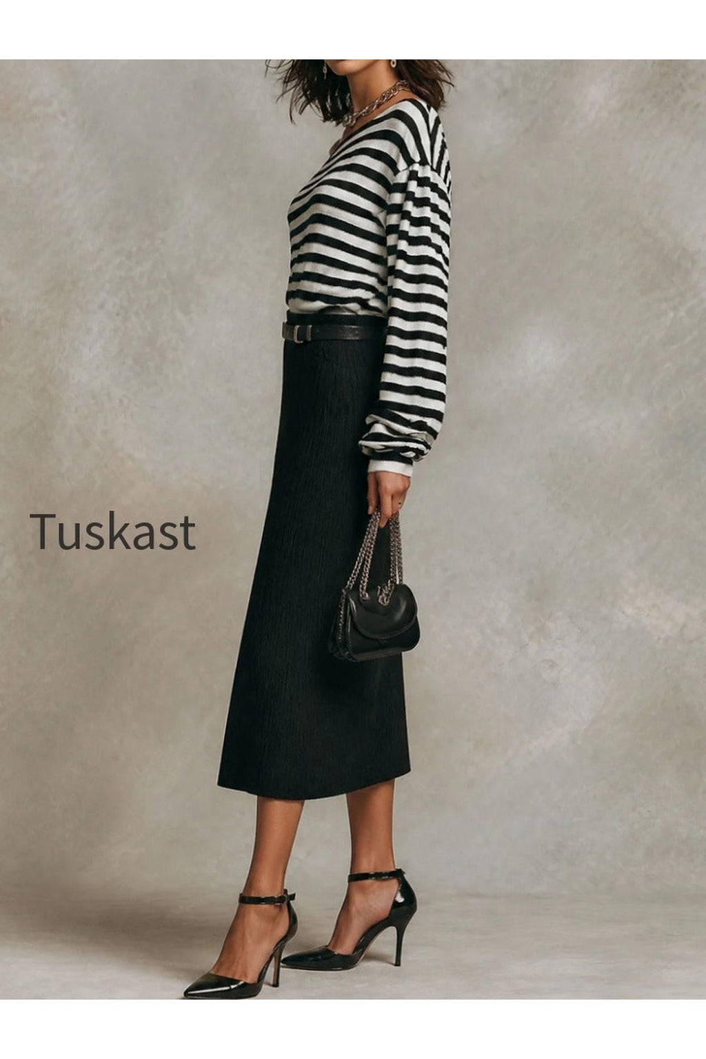 Boho Off-Shoulder Knit Striped Top & Textured Midi Skirt Set