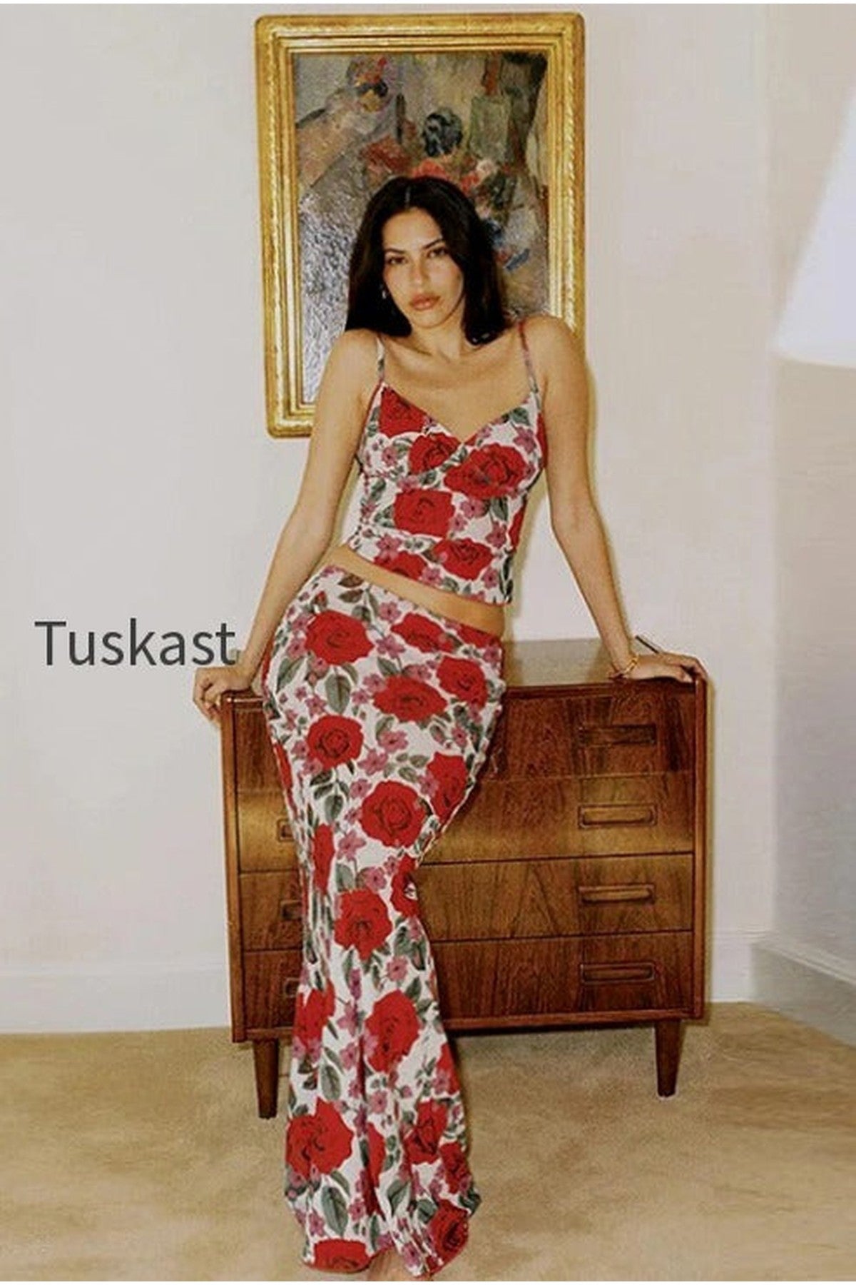 V Neck Camisole High Waist Floral Maxi Dress Two Piece Set