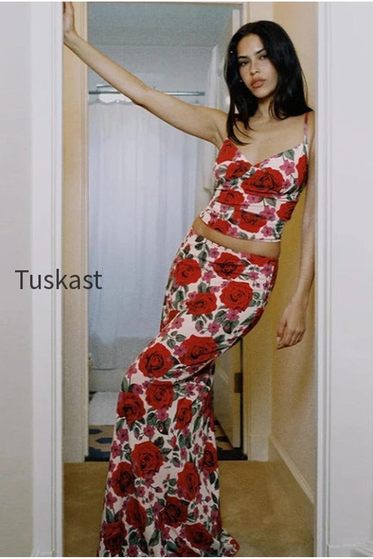 V Neck Camisole High Waist Floral Maxi Dress Two Piece Set
