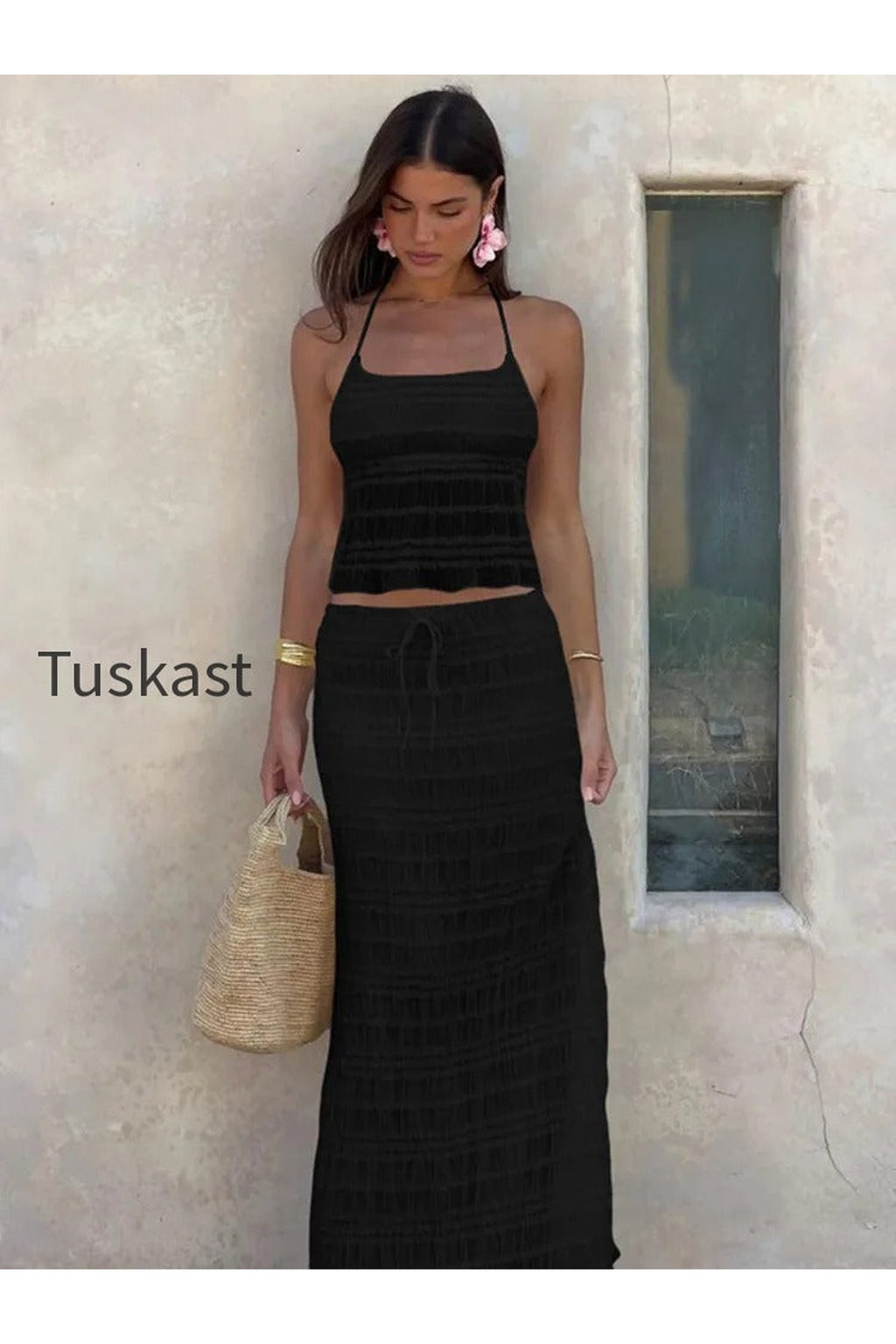 Chiffon Lace Halter Maxi  Long Two Piece Skirt Set