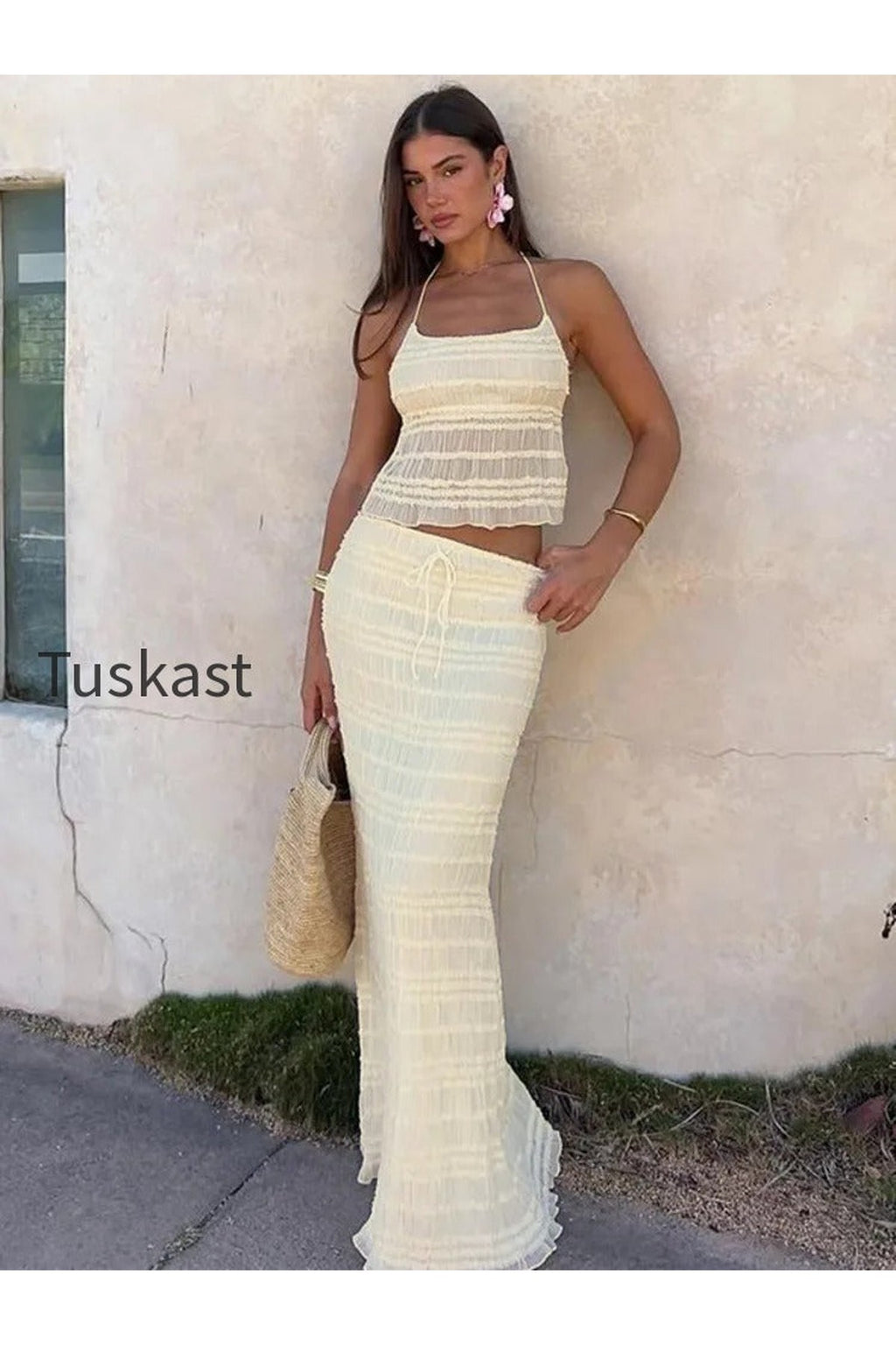 Chiffon Lace Halter Maxi  Long Two Piece Skirt Set