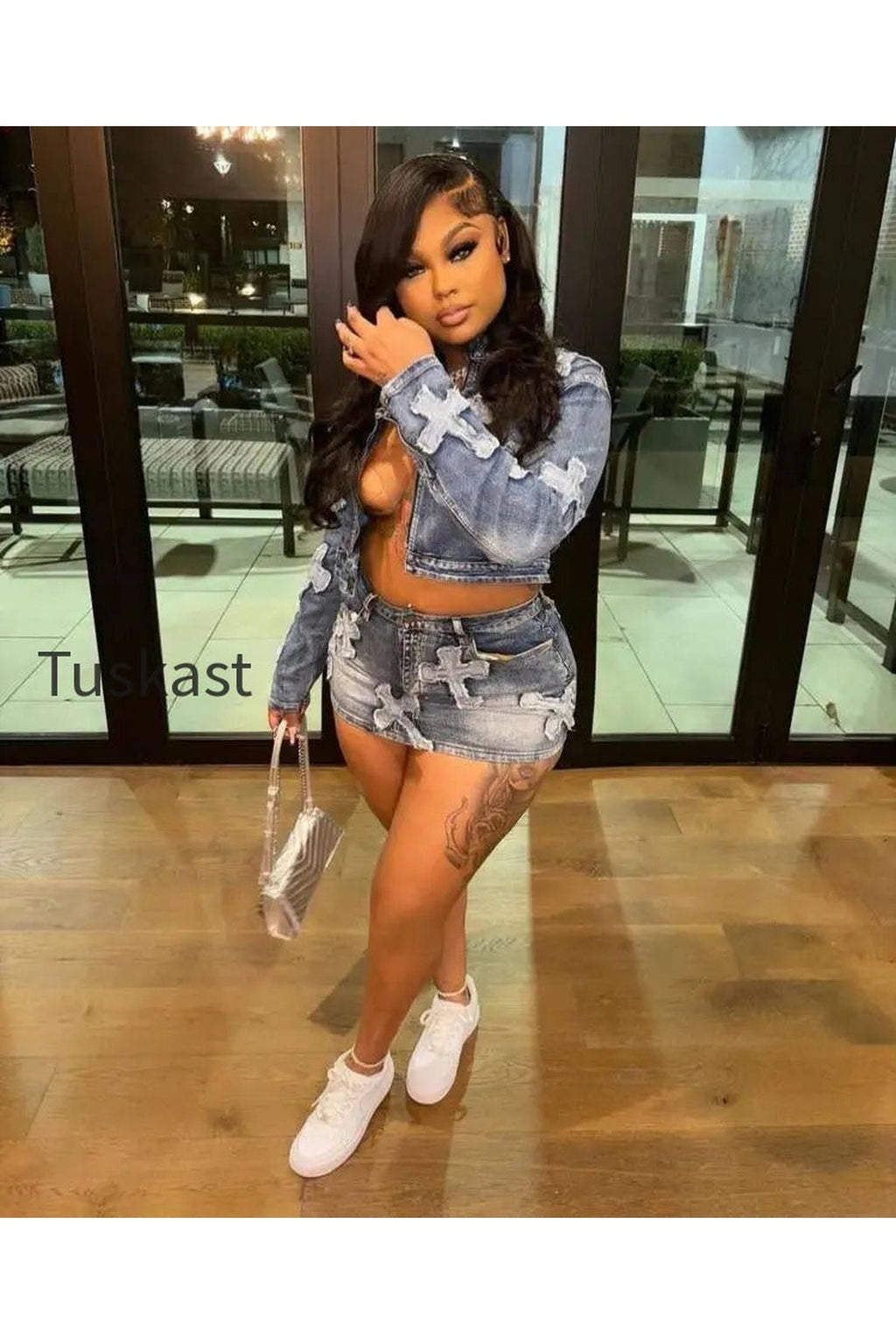 Denim Mini Cargo Elegant Jeans Club Two Piece Skirt Set