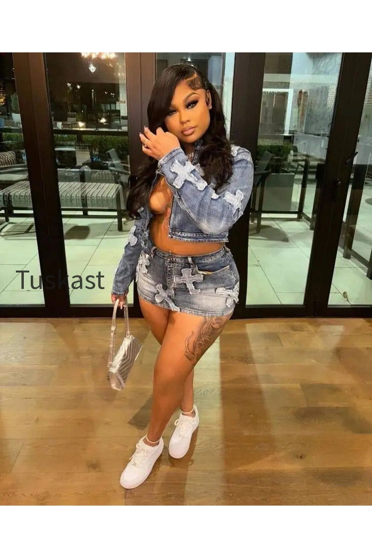 Denim Mini Cargo Elegant Jeans Club Two Piece Skirt Set